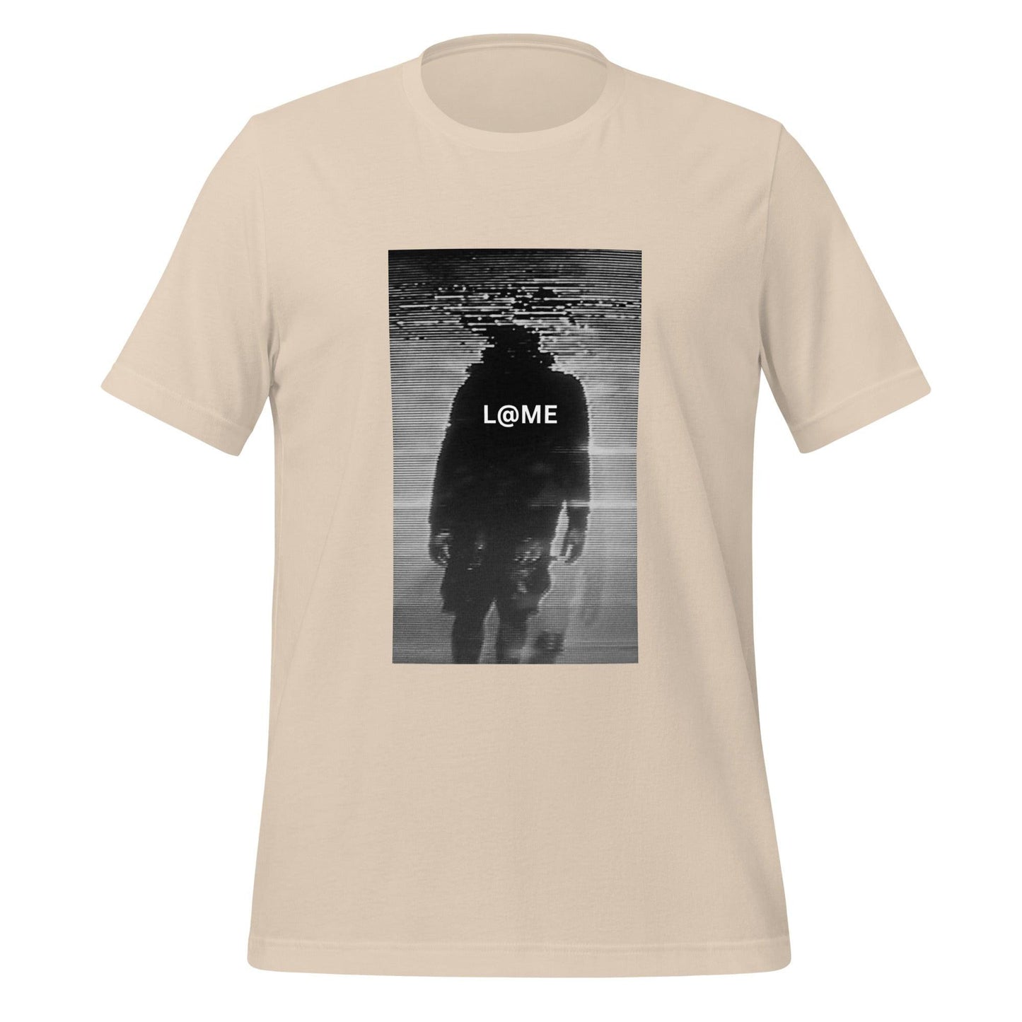 Unisex T-shirt with monochrome glitch figure dissolving into static on soft cotton fabric