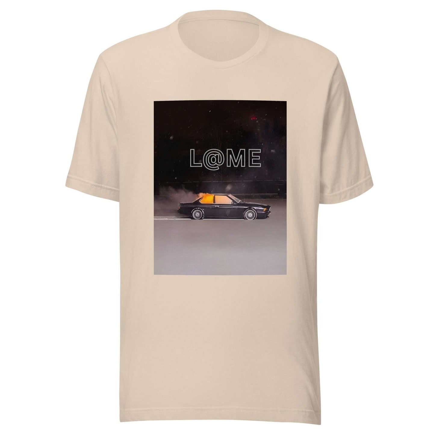 Black graphic t-shirt featuring a retro car under neon lights and the L@ME logo.
