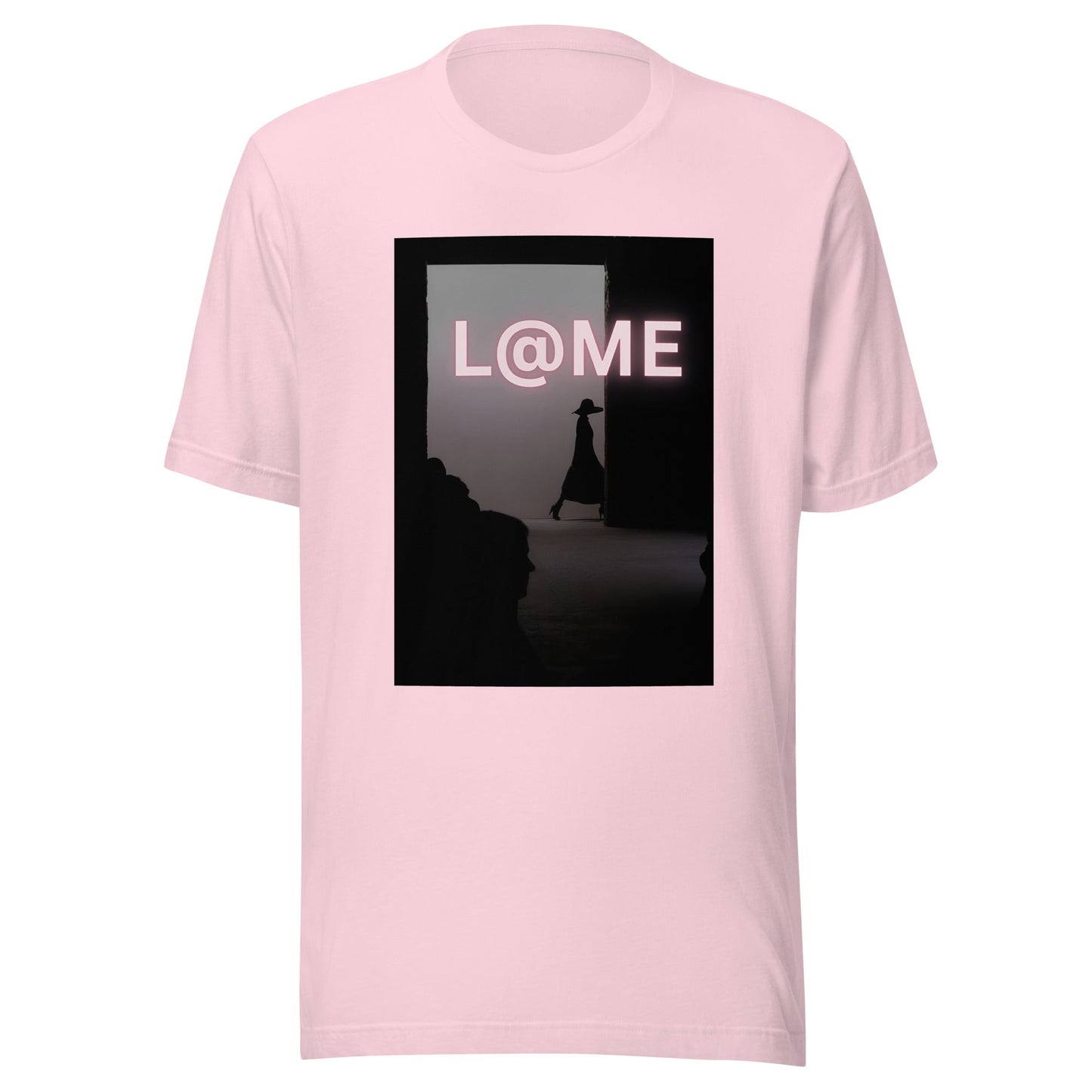Soft blush-pink unisex tee with a shadowed doorway and bold L@ME logo.