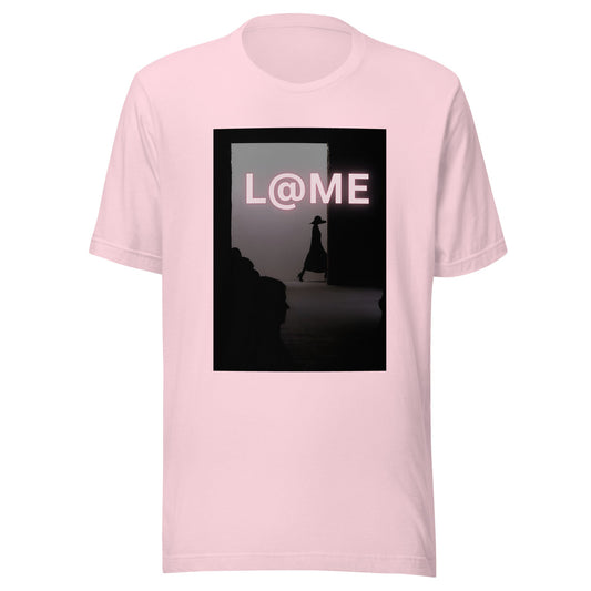 Soft blush-pink unisex tee with a shadowed doorway and bold L@ME logo.