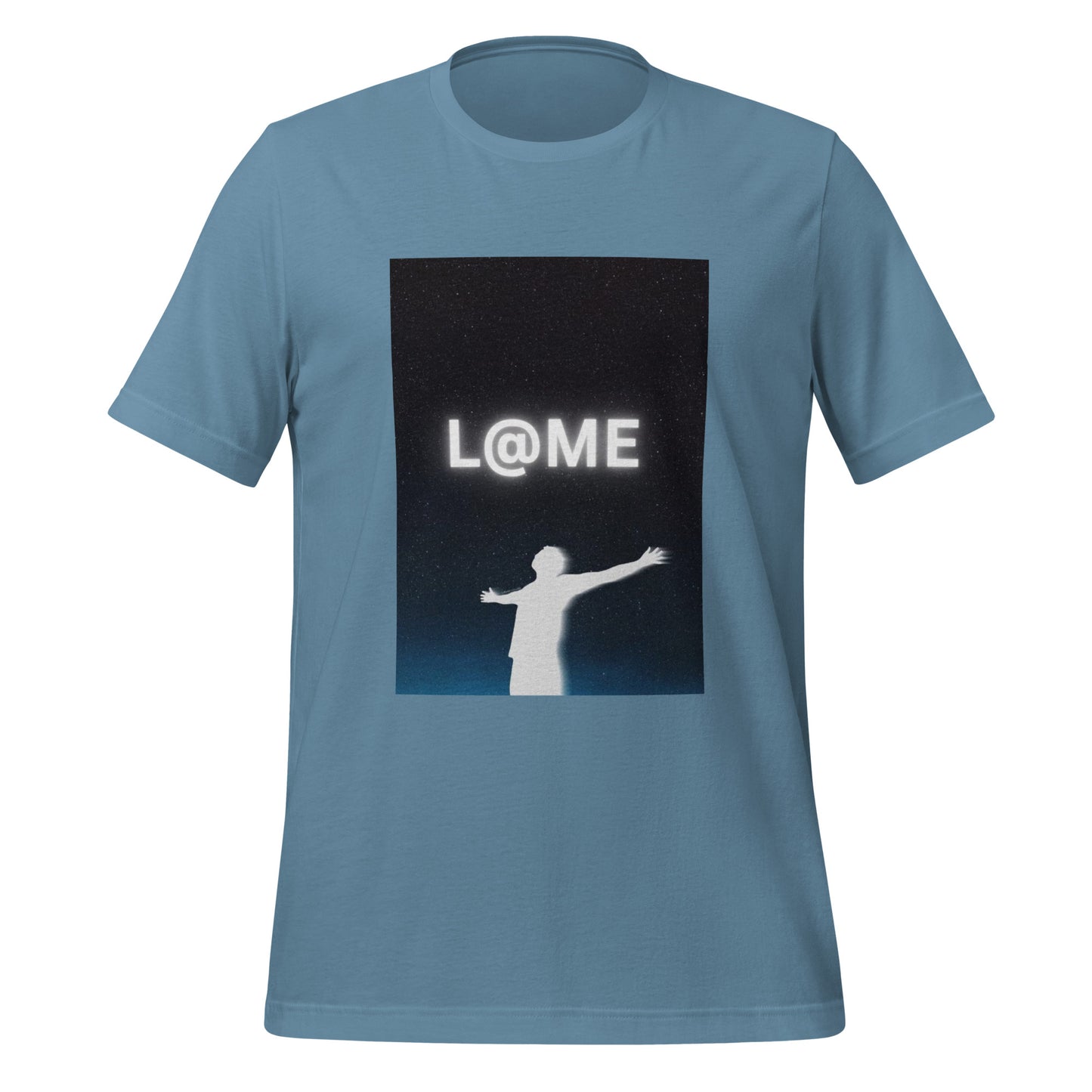 Unisex T-shirt with a white glowing silhouette under a starry night sky and L@ME logo.