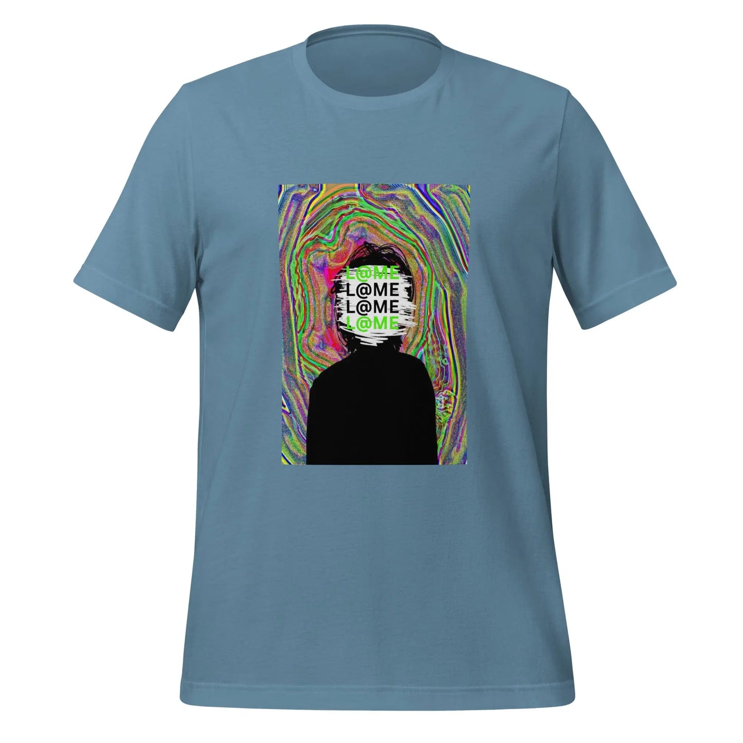 Unisex T-shirt with black silhouette and swirling neon psychedelic patterns on cotton fabric