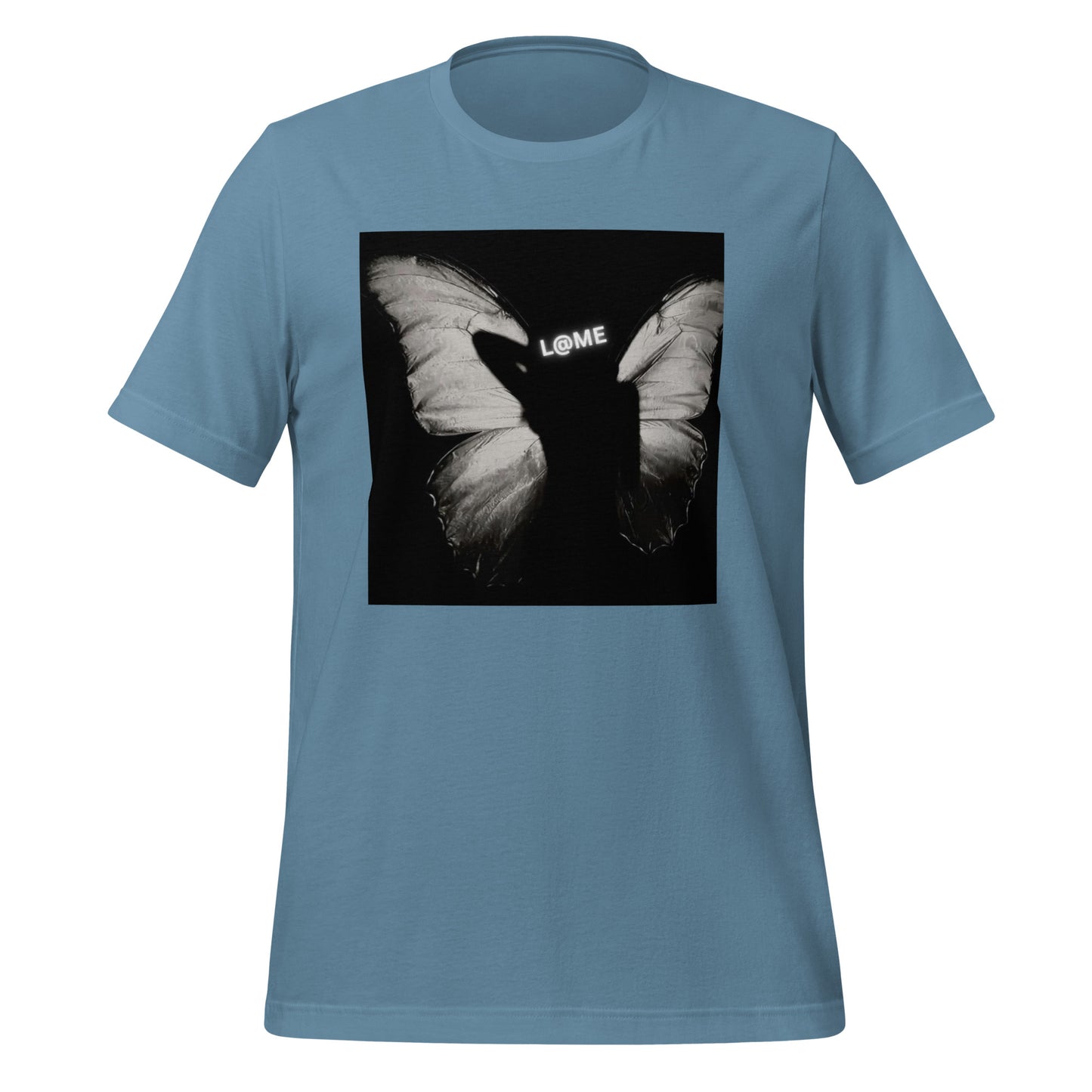 Unisex t-shirt in vivid orange featuring a black-and-white butterfly graphic.