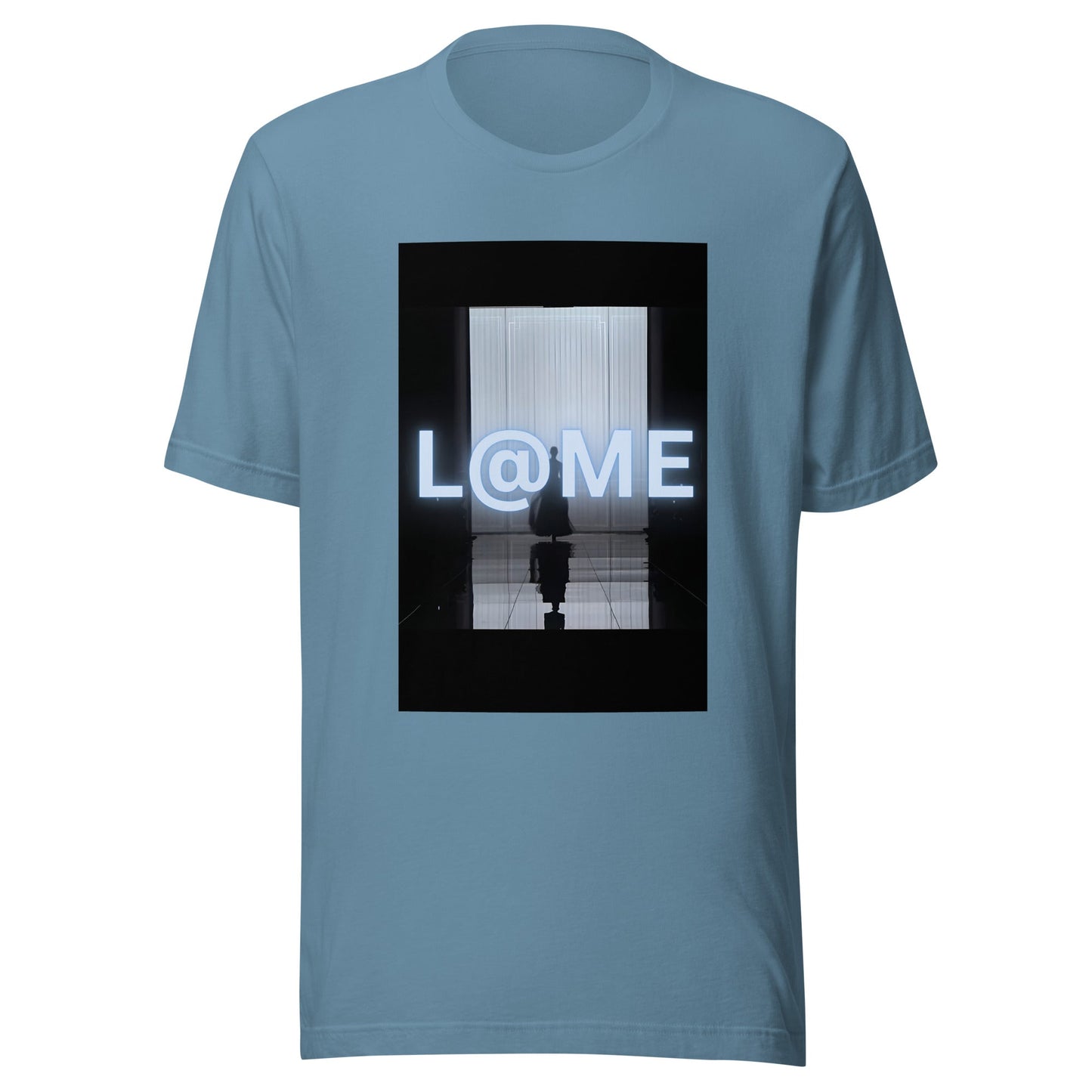 Black t-shirt with neon green runway silhouette and glowing text graphic on front