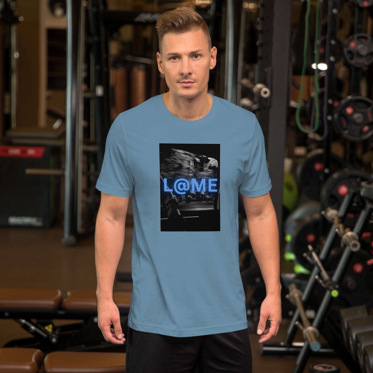 Blue neon graphic t-shirt with an electric logo and city-inspired background design.