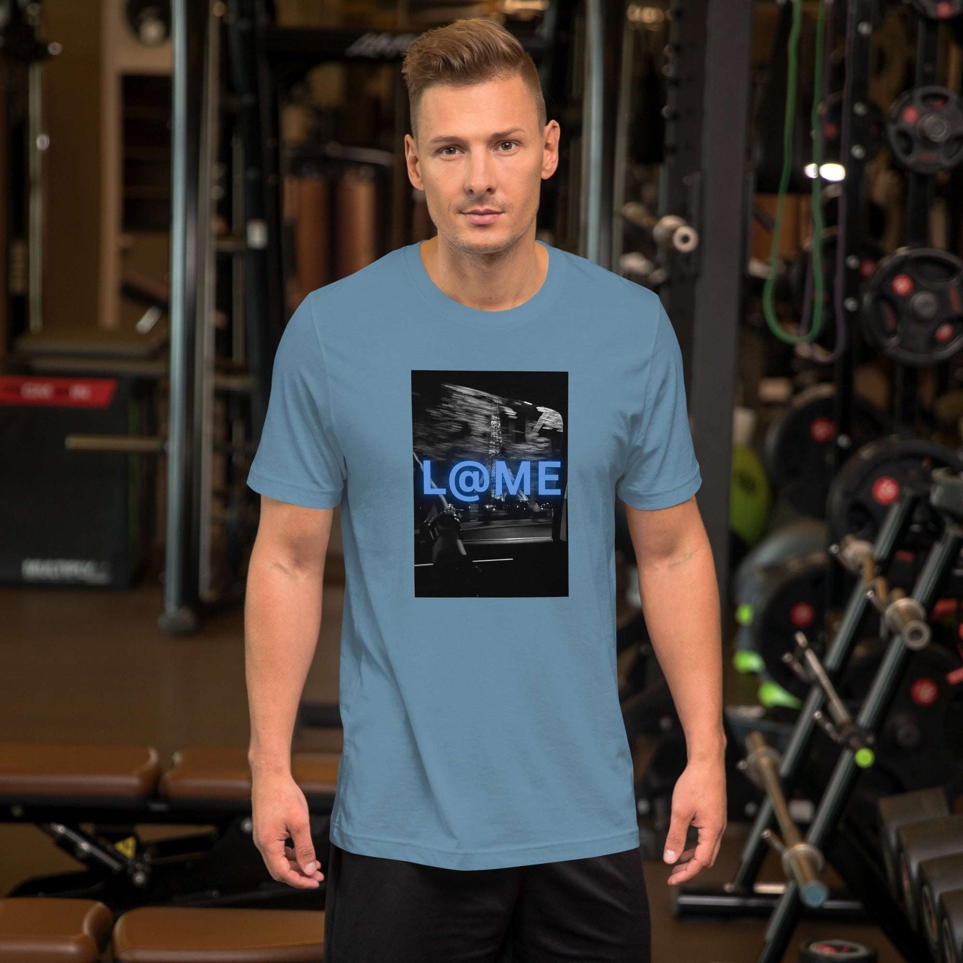 Blue neon graphic t-shirt with an electric logo and city-inspired background design.