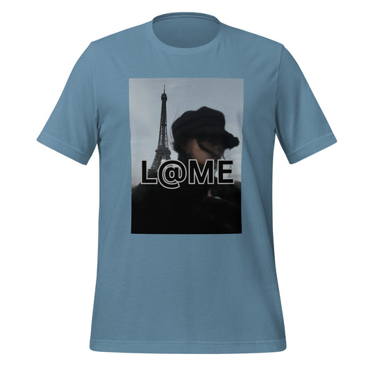 White t-shirt featuring the Eiffel Tower and bold L@ME logo in a streetwear style.