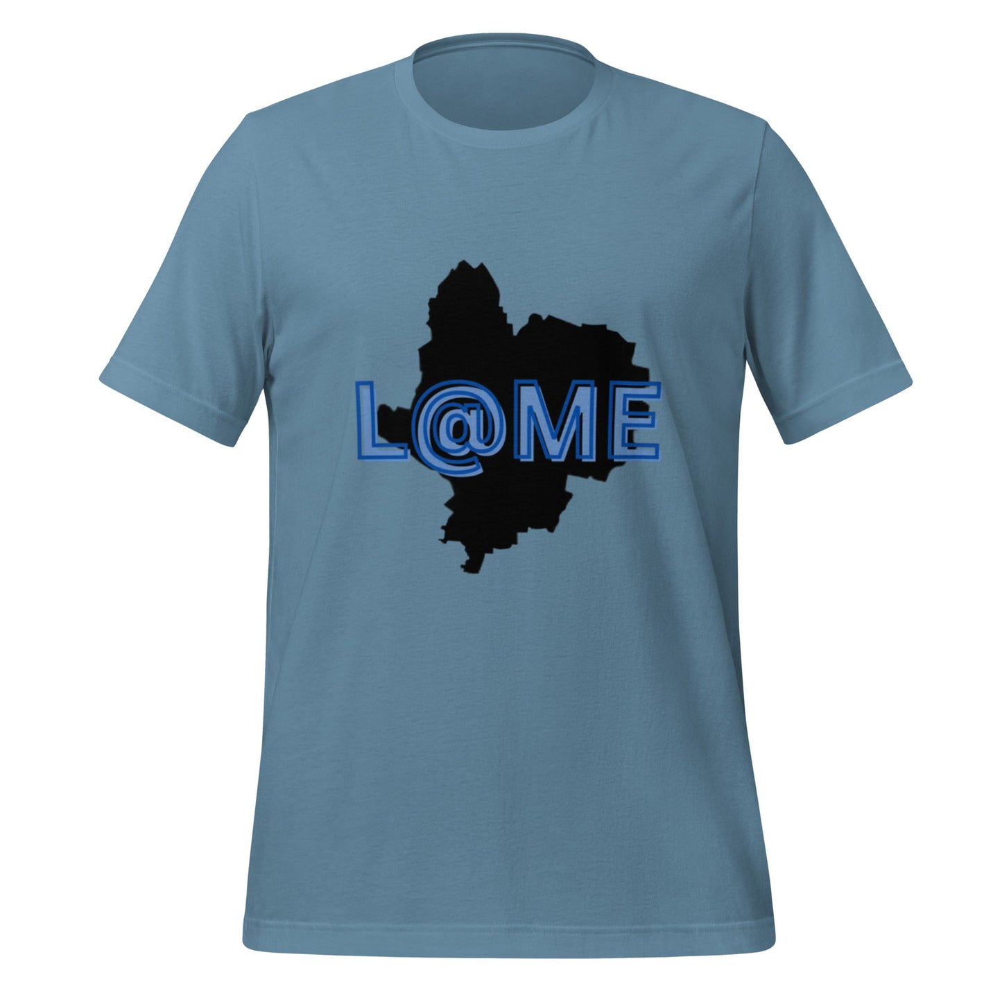 Purple t-shirt featuring a black silhouette graphic and vibrant blue lettering.