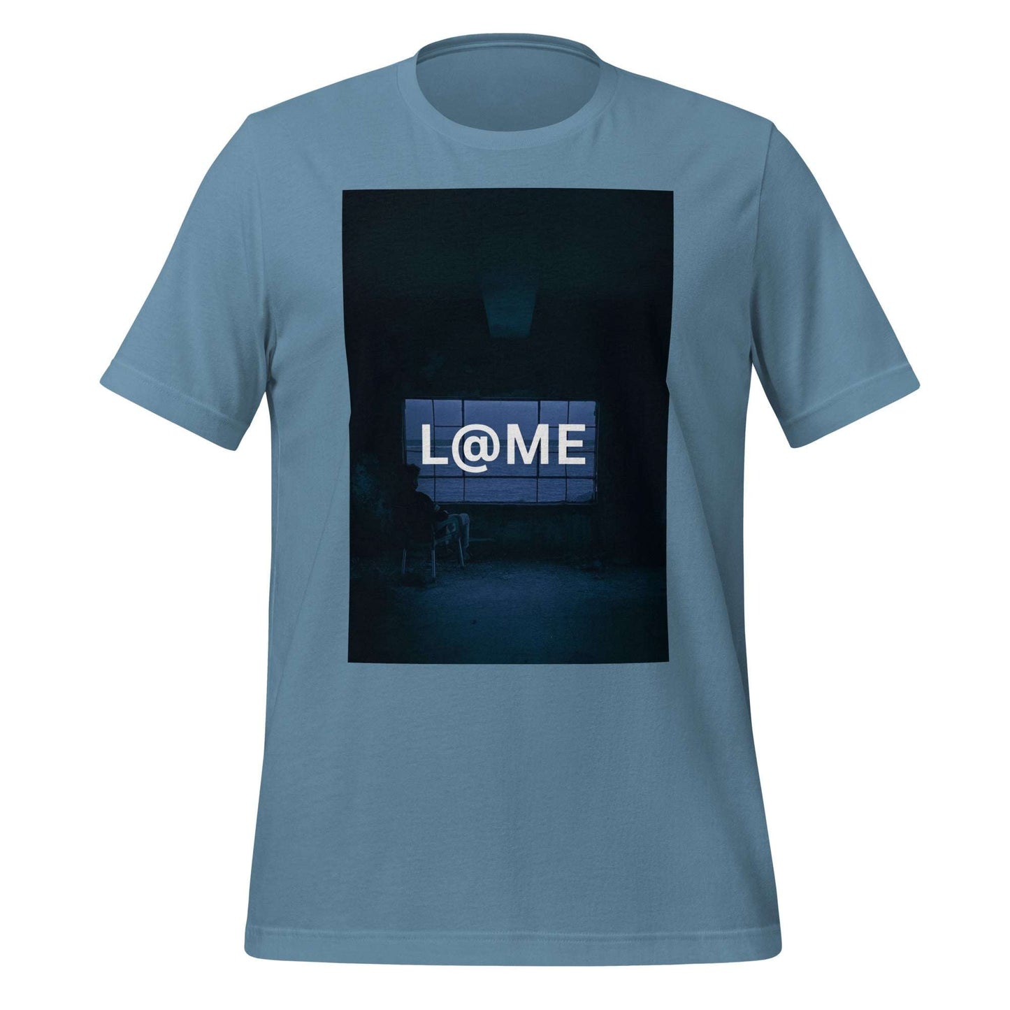 Black L@ME Midnight Silence tee with blue neon graphic on front, short sleeves