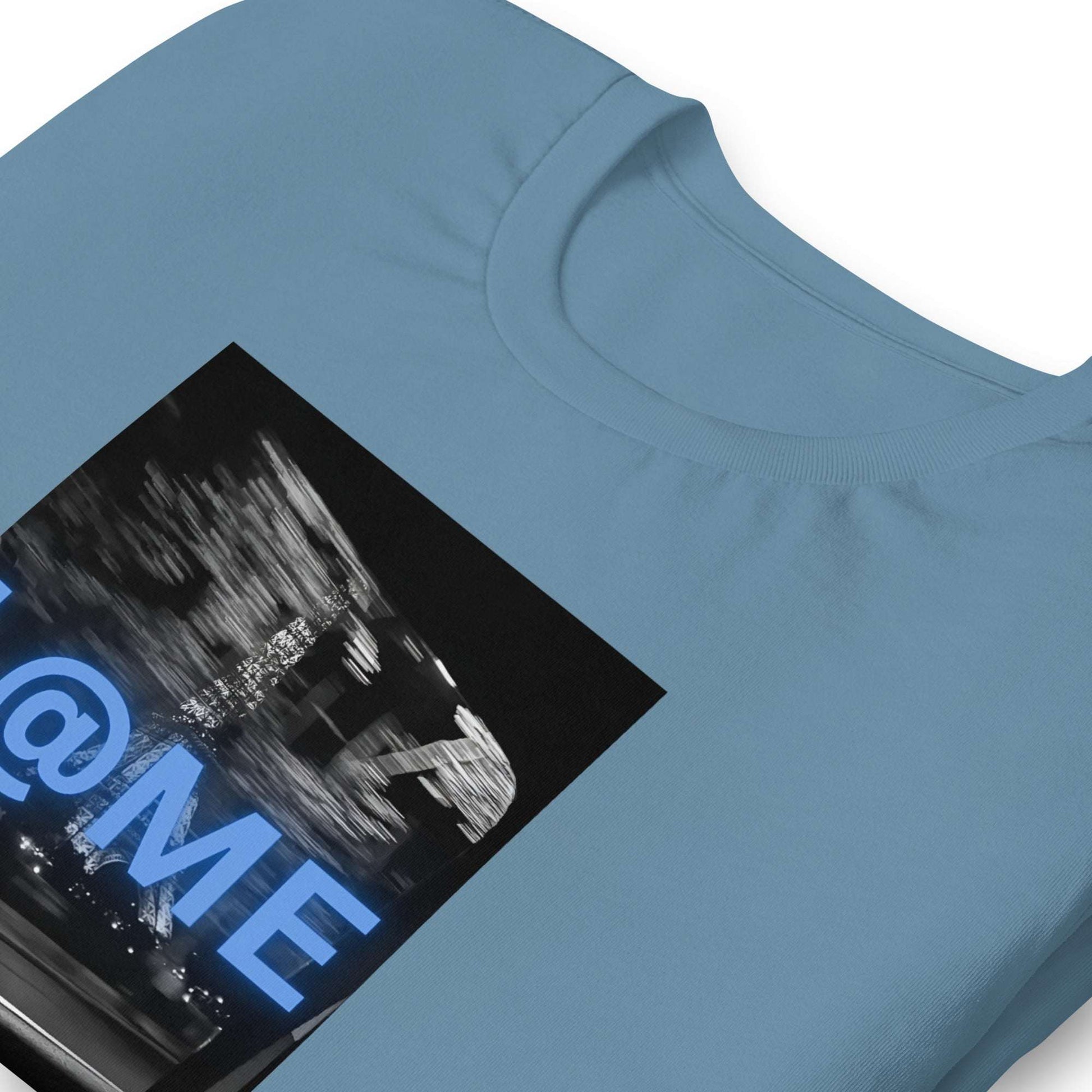 Blue T-shirt with neon electric blue logo and blurred city background design.