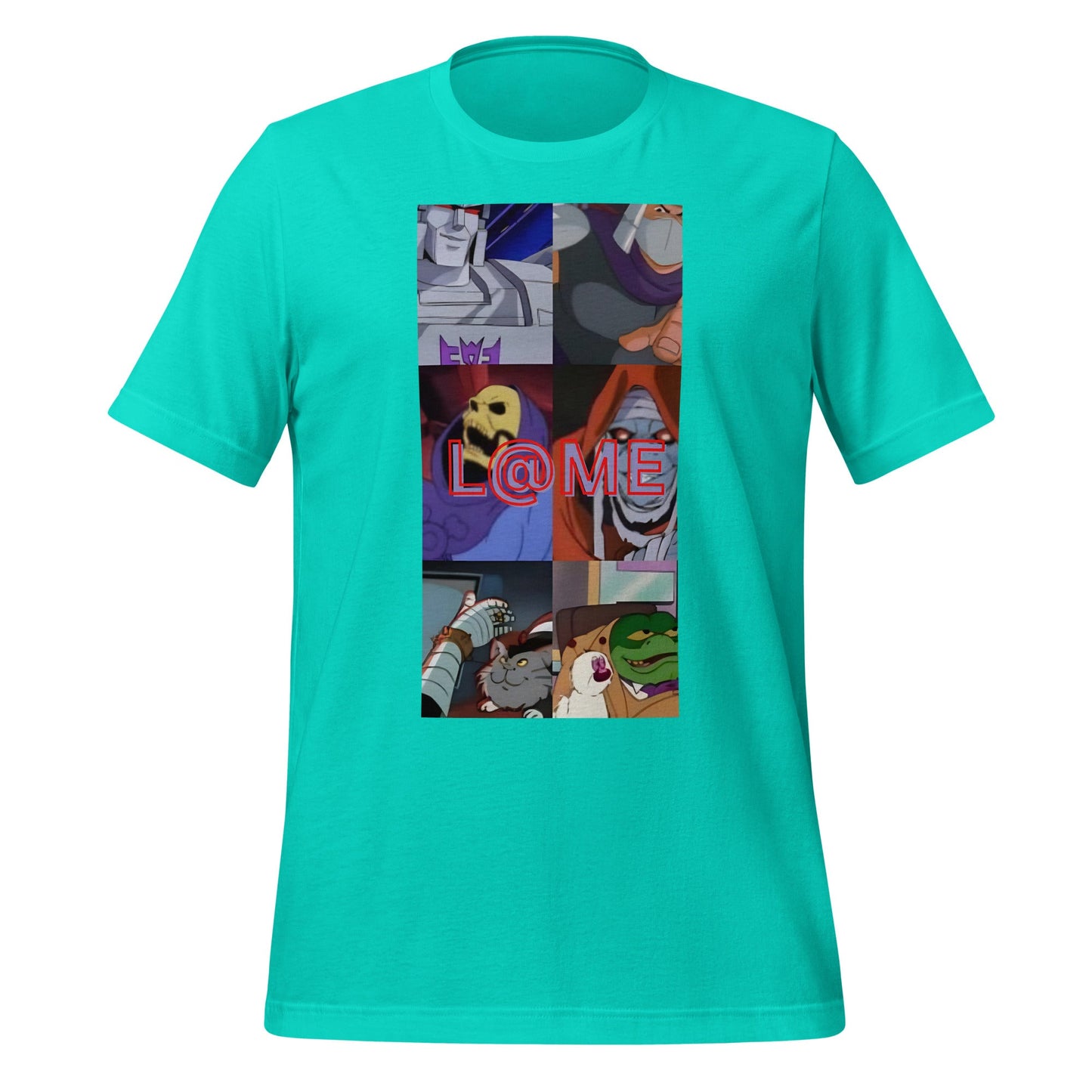 L@ME Retro Chaos tee with chaotic cartoon panels and electric red logo on white fabric