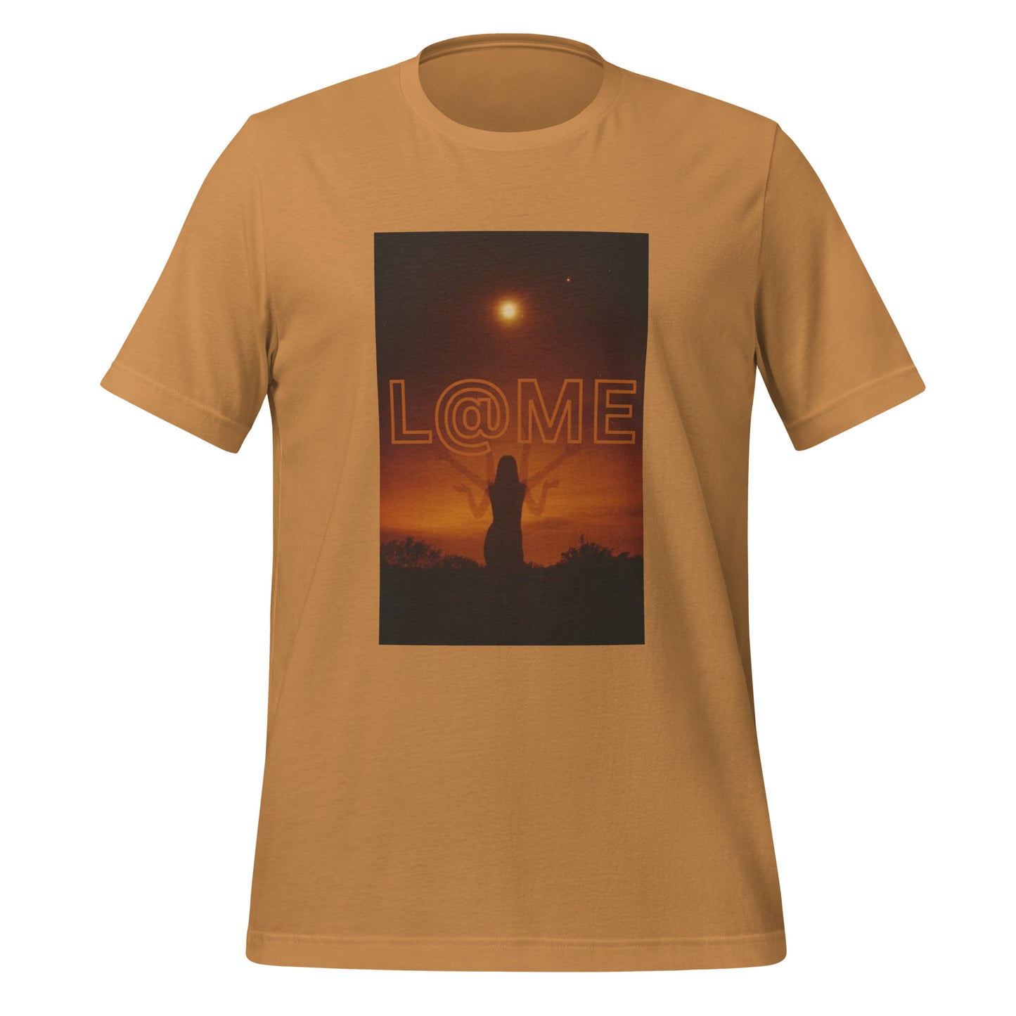 Unisex T-shirt with a serene figure walking toward a glowing doorway over calm waters design