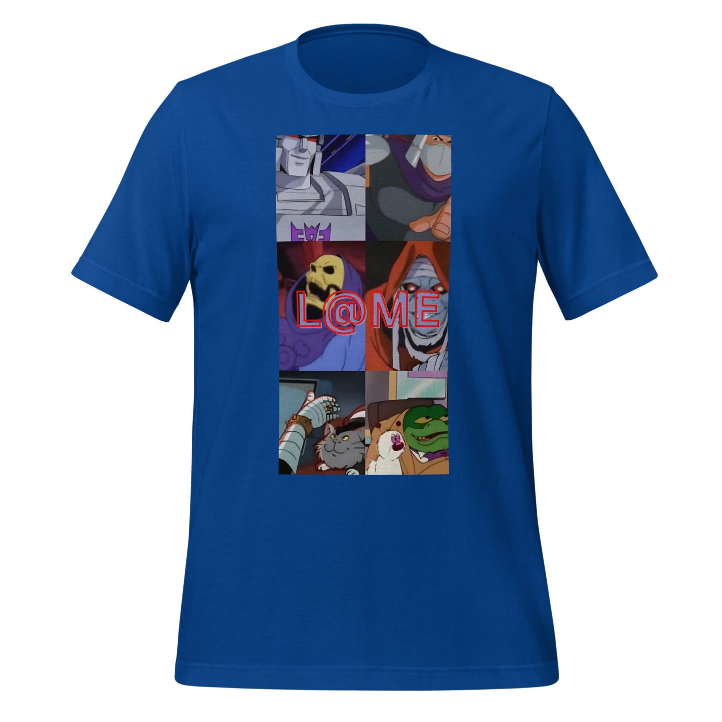 L@ME Retro Chaos tee with chaotic cartoon panels and red logo on a white background
