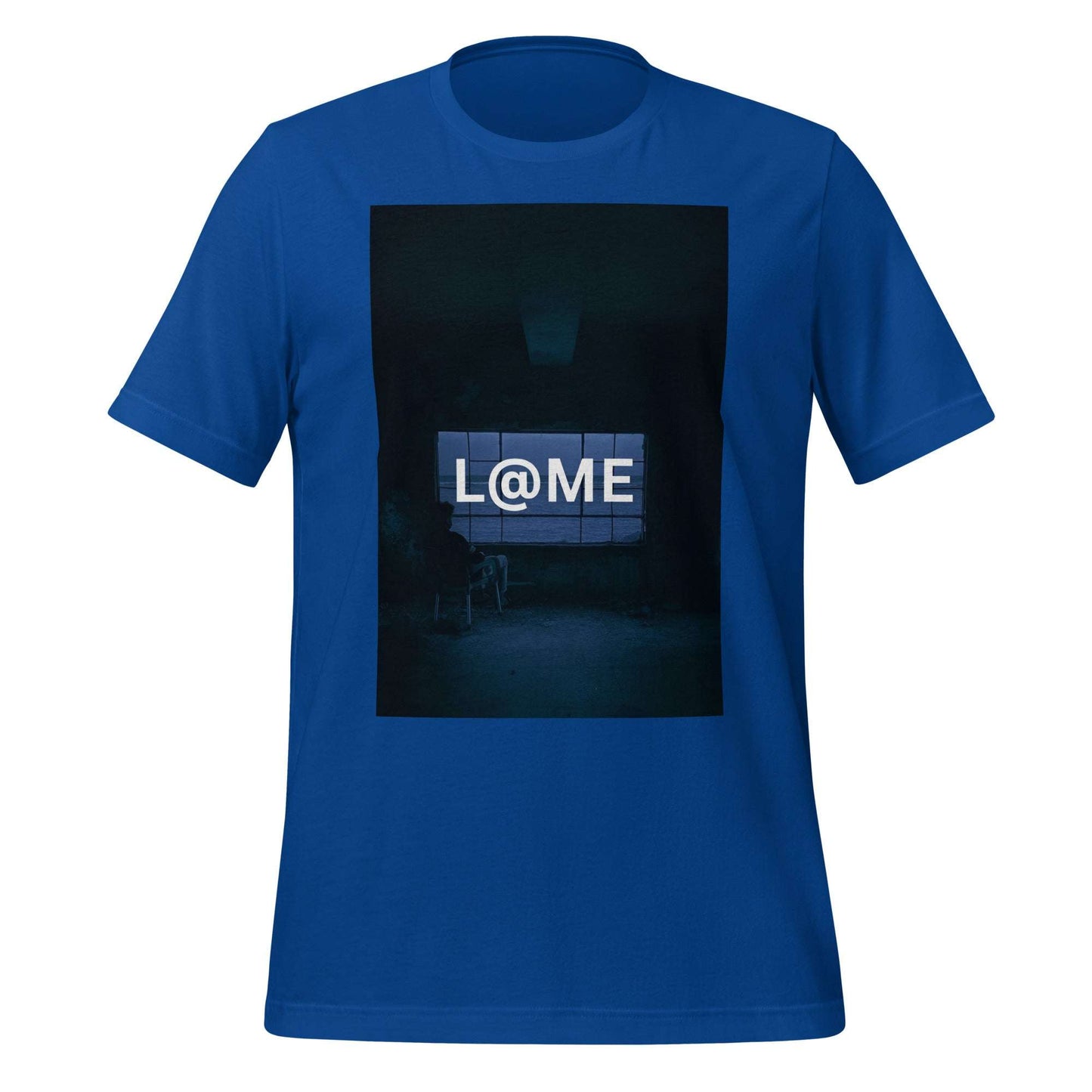 Black tee featuring a minimalist design with glowing blue neon accents.