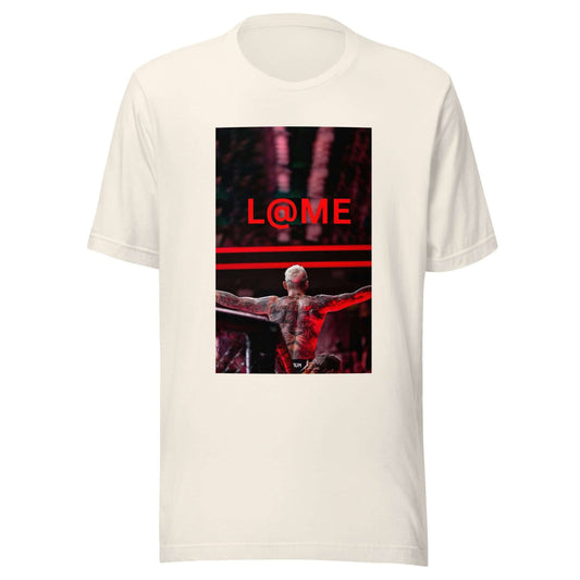 Red and black graphic tee featuring a triumphant design with raised arms.