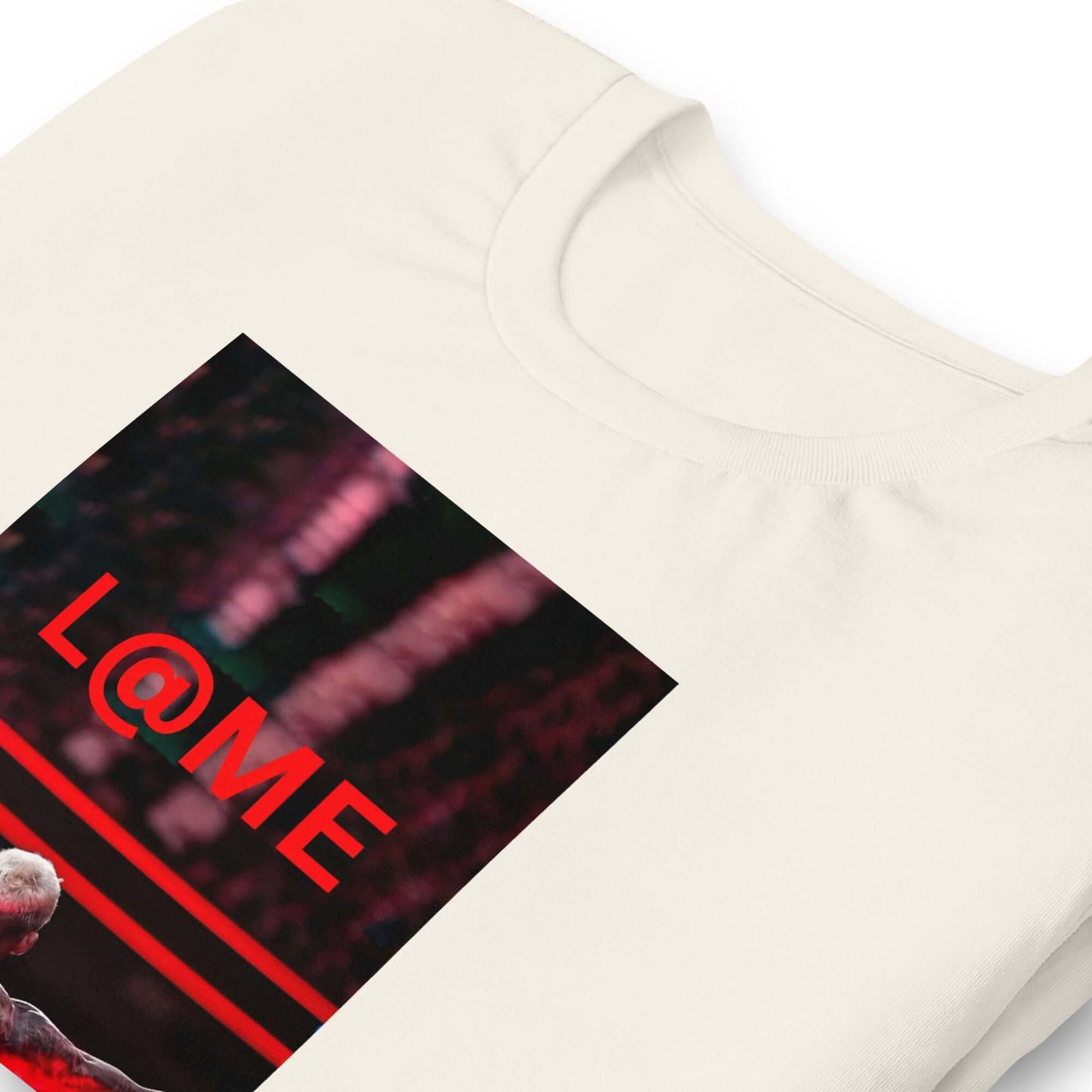 Red and black L@ME Victory Stance graphic tee with raised arms design on front