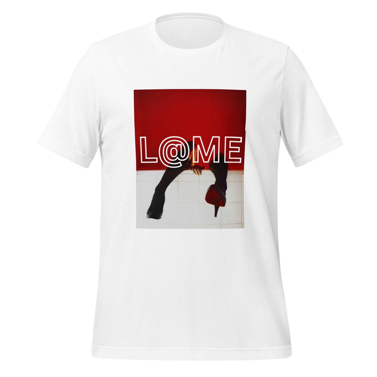 Unisex t-shirt in bold red with black-and-white photography and high-heel design.