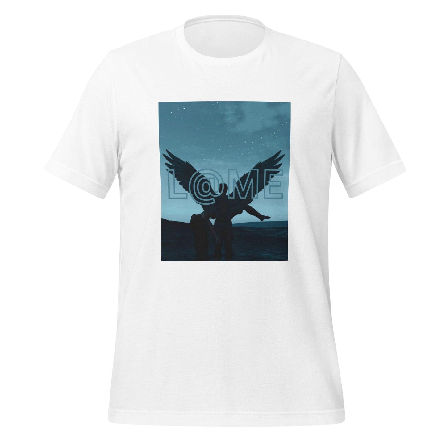Unisex T-Shirt with silhouetted wings design on a starry blue night sky background