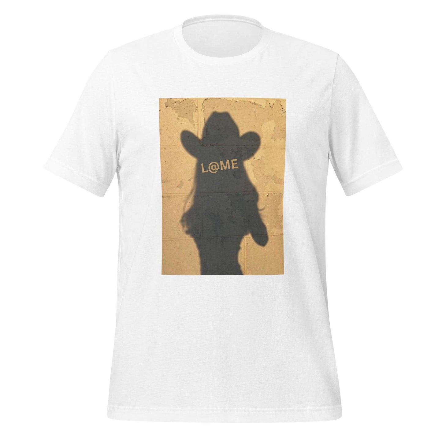 Unisex cotton T-shirt with a cowboy hat silhouette on a rustic Western background