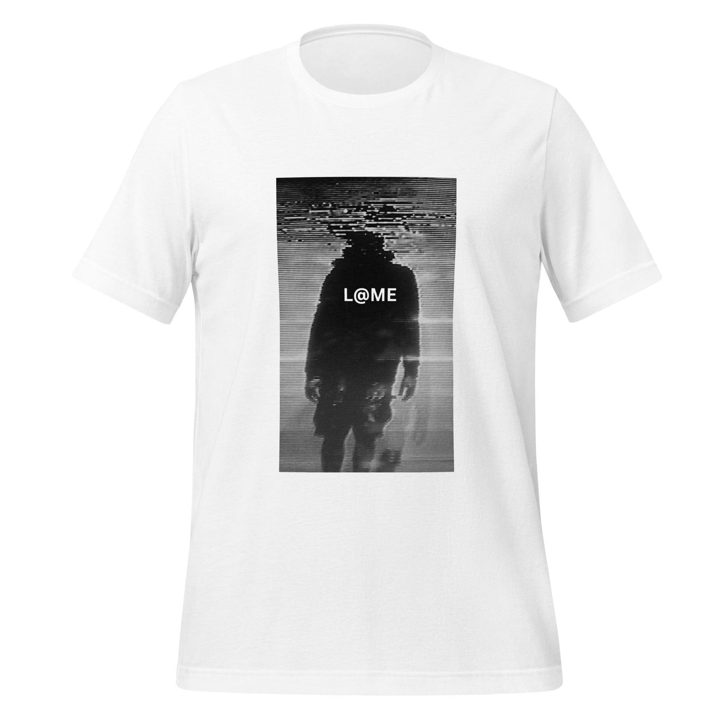 Unisex t-shirt featuring a monochrome figure dissolving into static with a cyberpunk design.