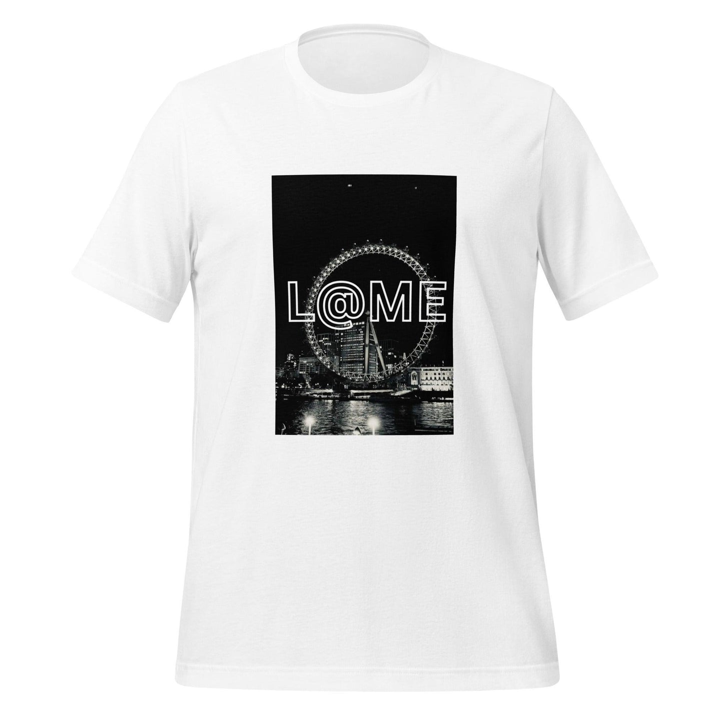 Black and white unisex T-shirt with London Eye nightscape and L@ME logo design.