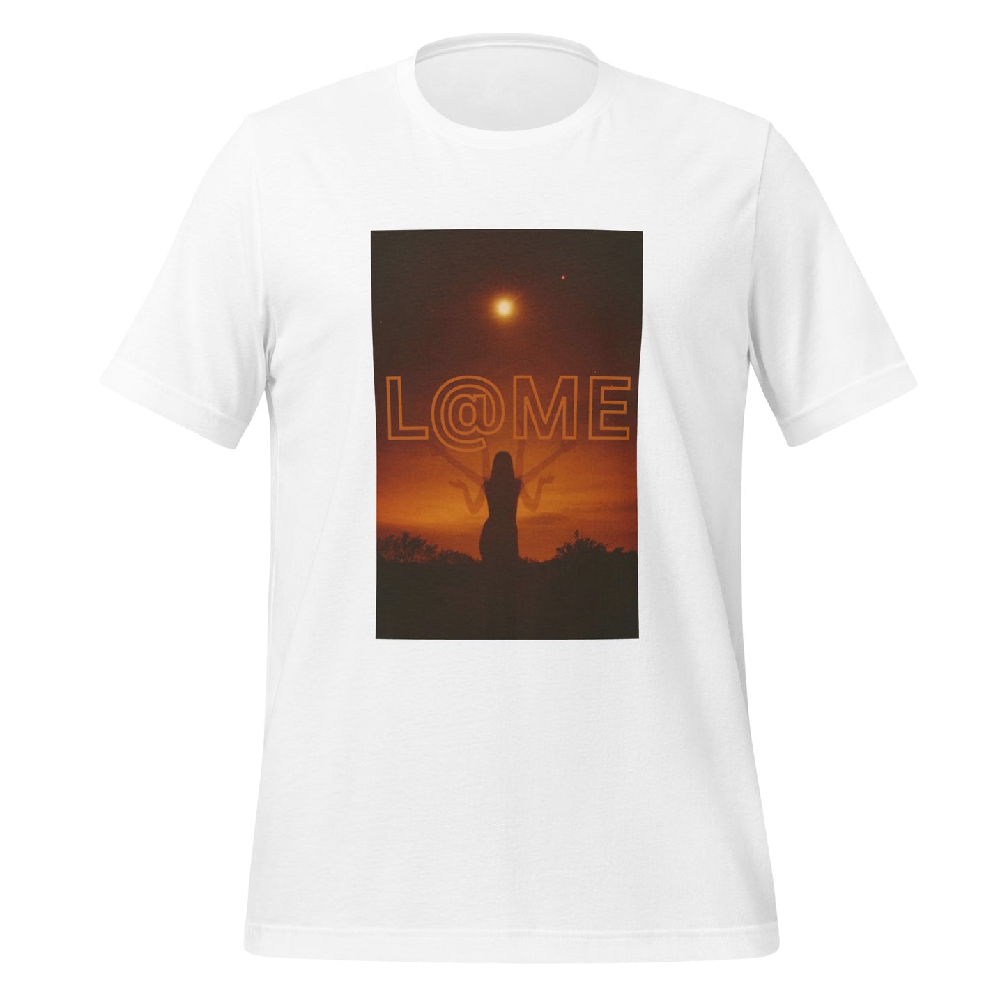 Unisex t-shirt featuring a serene figure wading towards a luminous doorway over calm waters.
