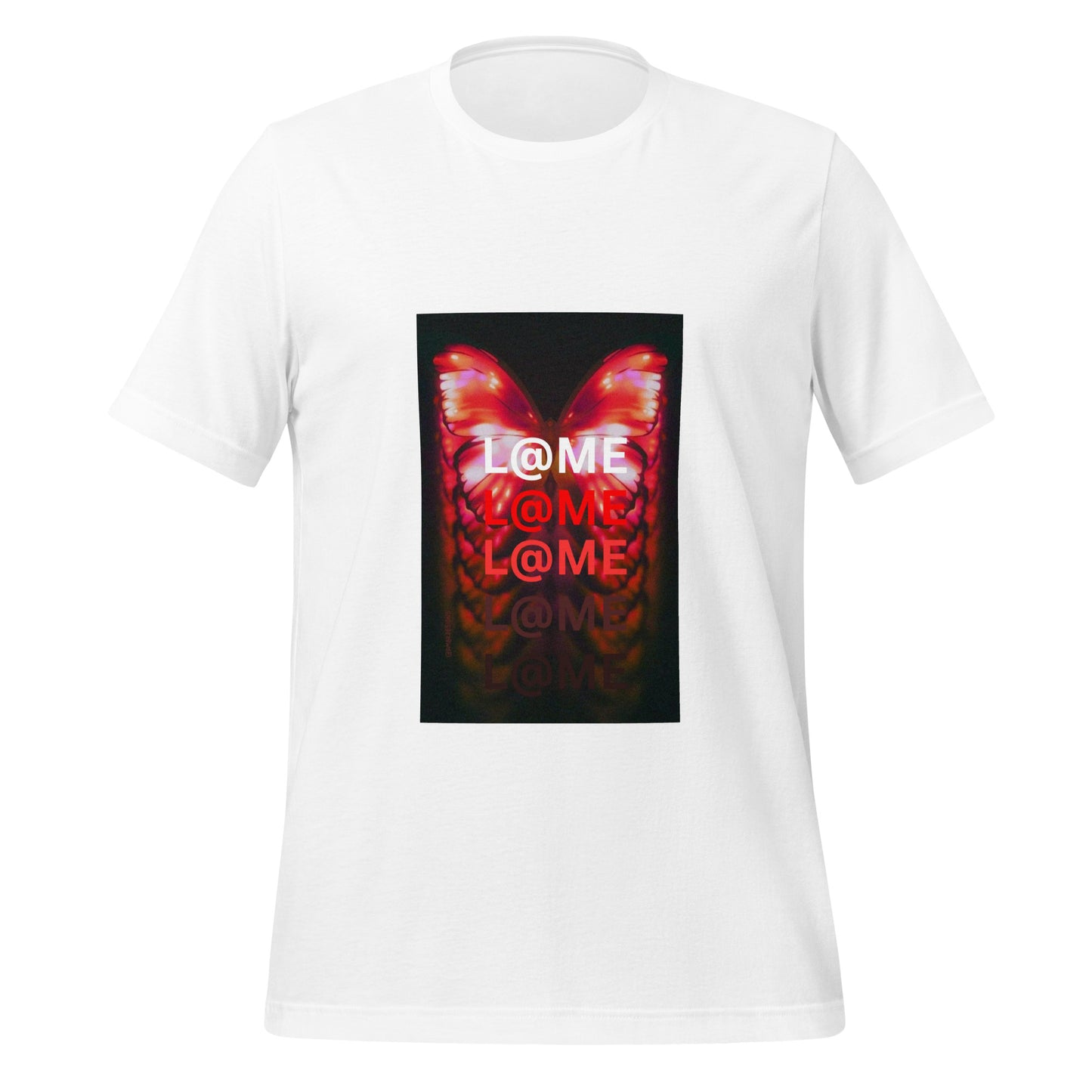 Unisex T-shirt with neon red and orange butterfly wing graphic and repeating L@ME text design.