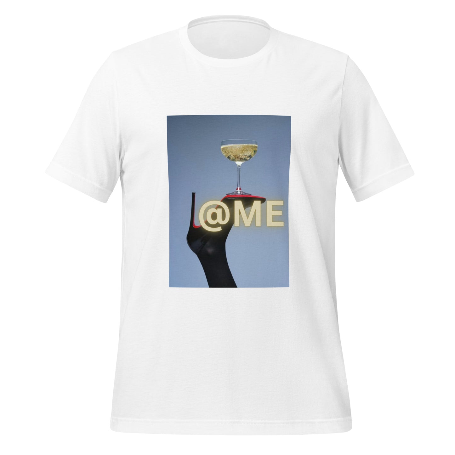 Black unisex t-shirt with a graphic of a black stiletto and a golden champagne glass.