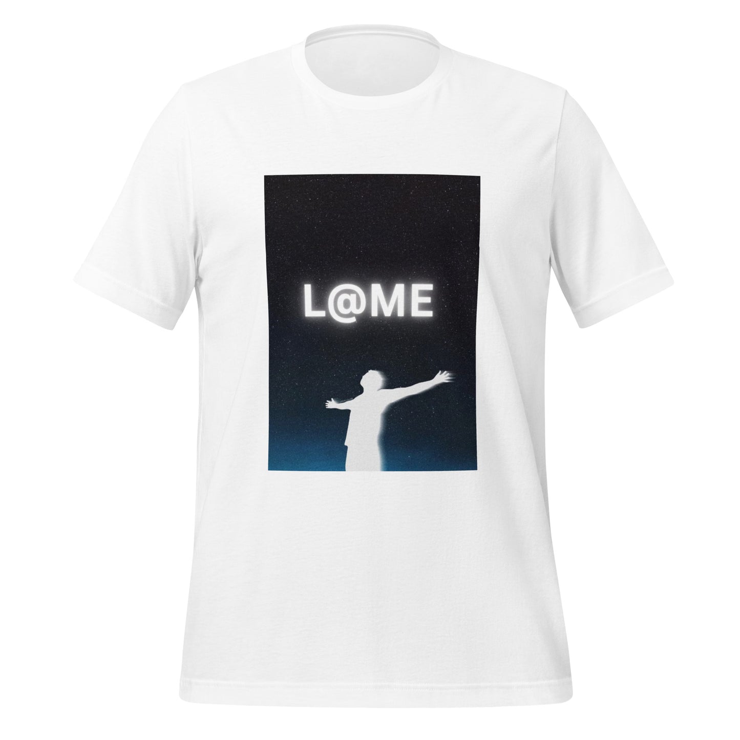 Unisex t-shirt featuring a glowing white silhouette against a starry background.