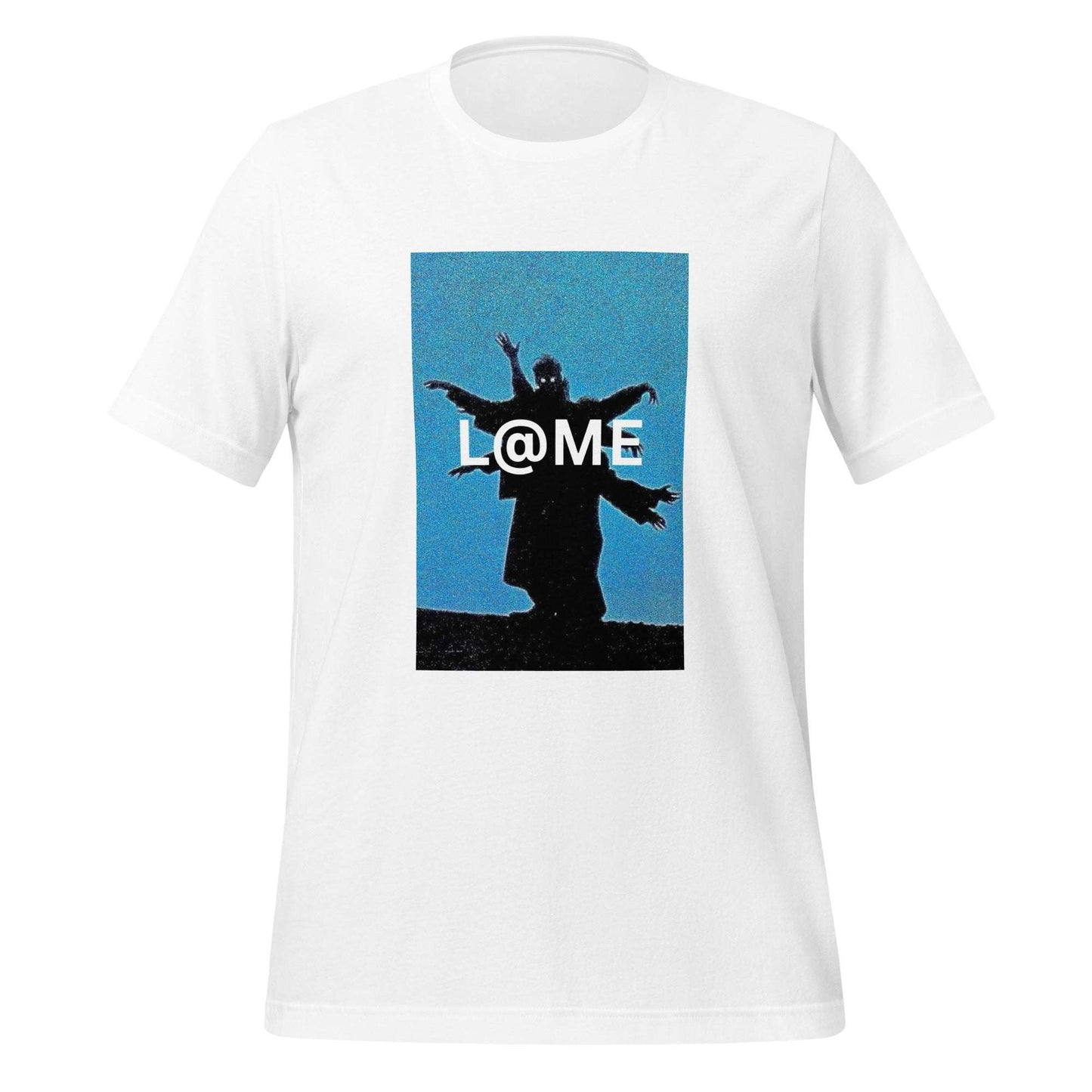 Unisex t-shirt featuring a black silhouette with outstretched arms on a sky-blue background.