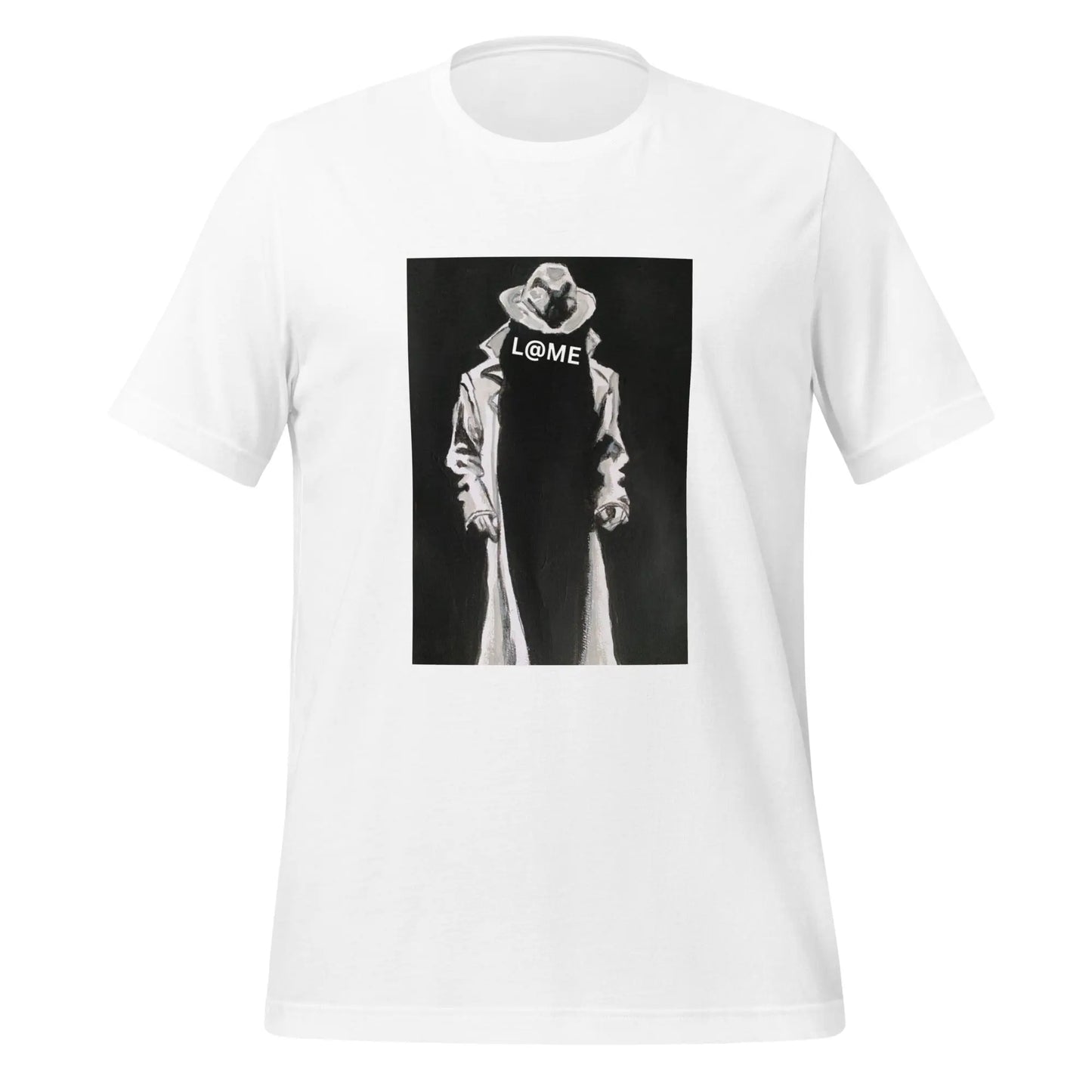 Black unisex T-shirt with white trench coat figure and bold L@ME logo on front