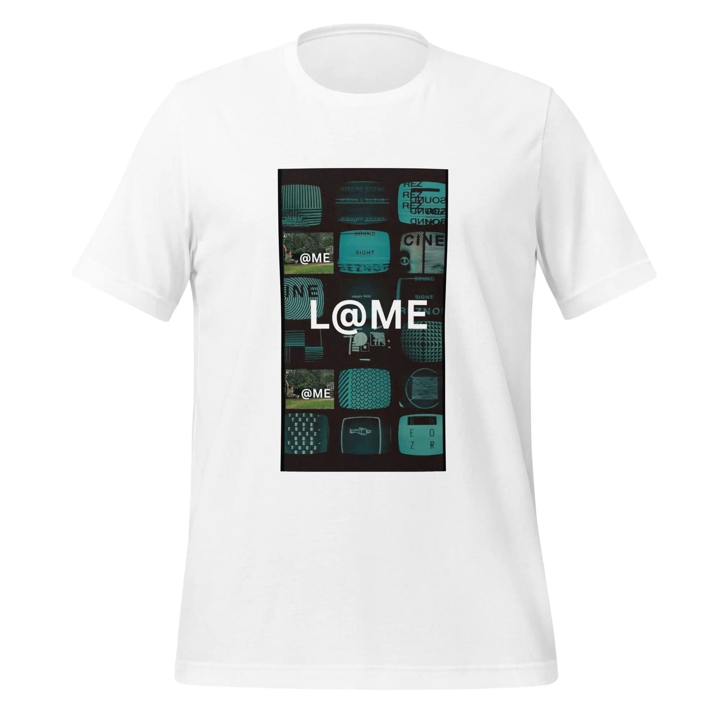 Unisex t-shirt featuring a vintage TV texture collage in deep teal and black with L@ME logo.
