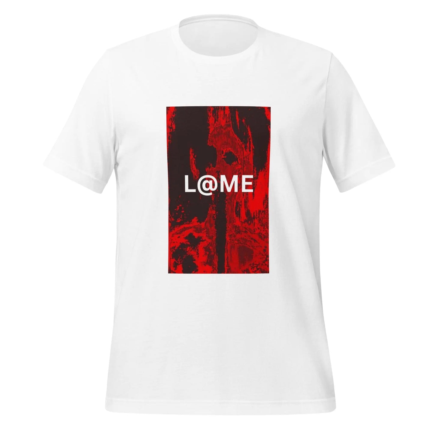 Red unisex graphic tee featuring an abstract flame design and white L@ME logo.