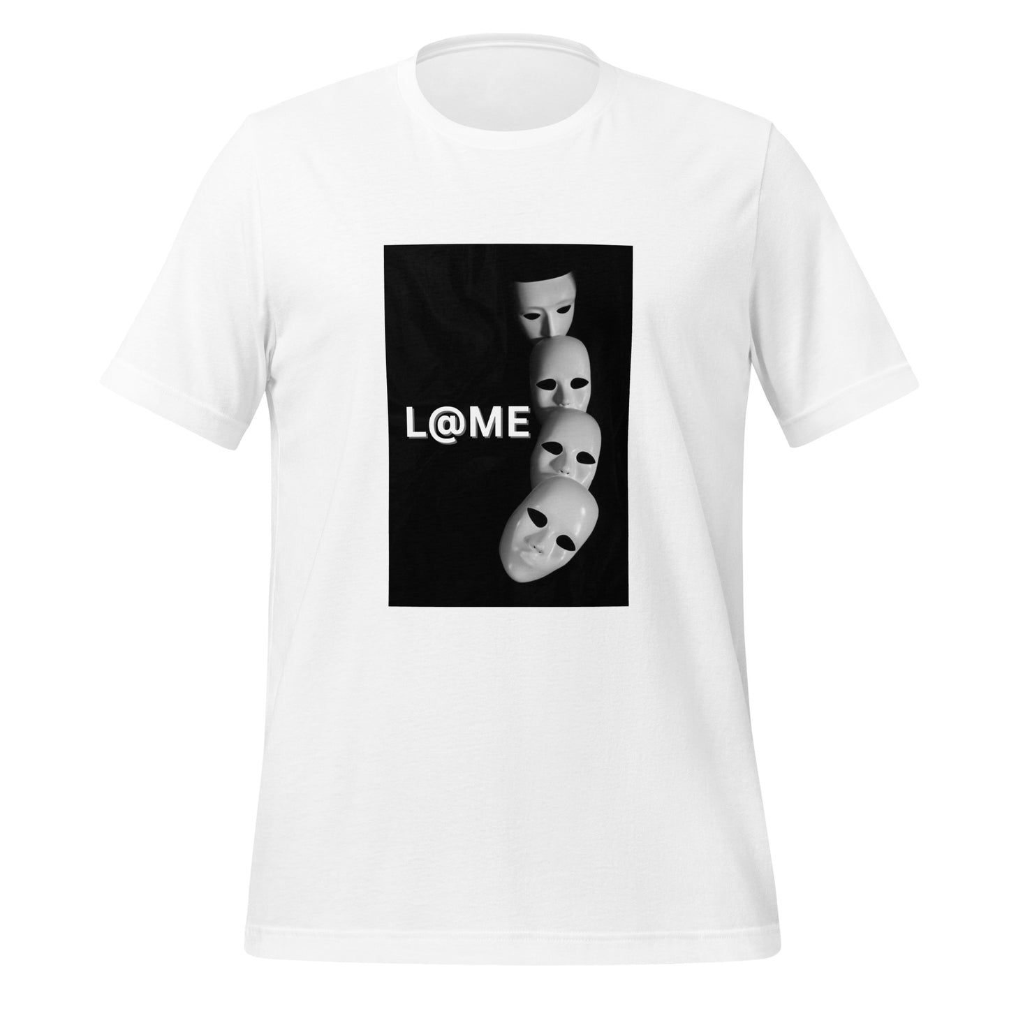Black unisex t-shirt with cascading white masks graphic on front and short sleeves