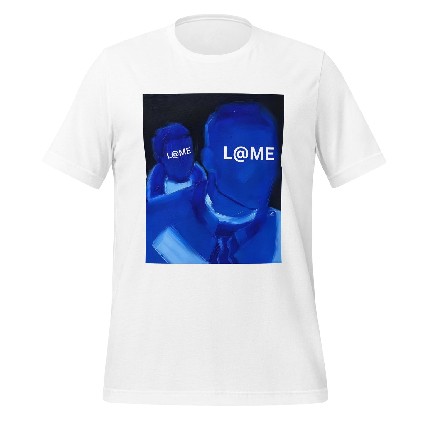 L@ME unisex T-shirt in midnight blue with double-figure design and bold branding on front