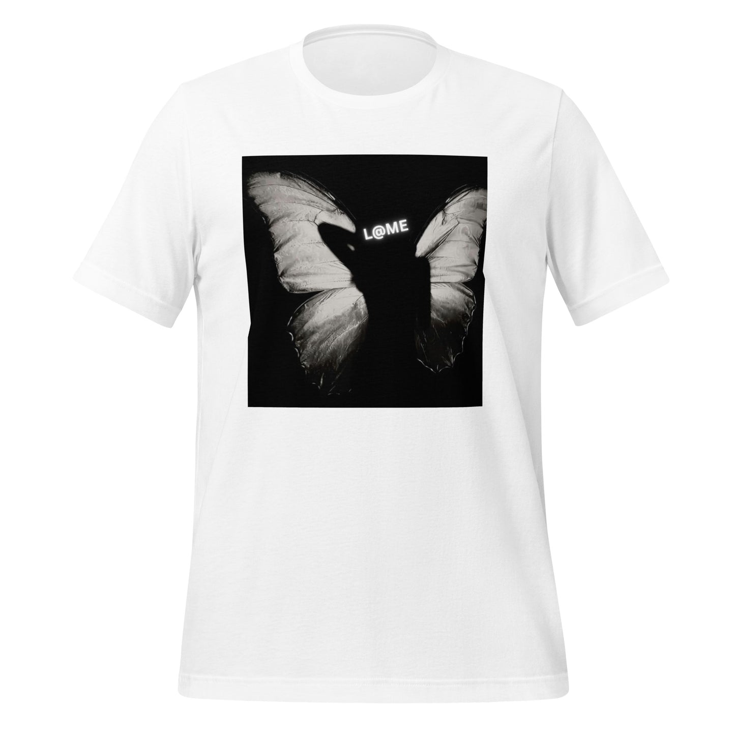 Unisex orange t-shirt with black and white butterfly graphic on front, cotton fabric.