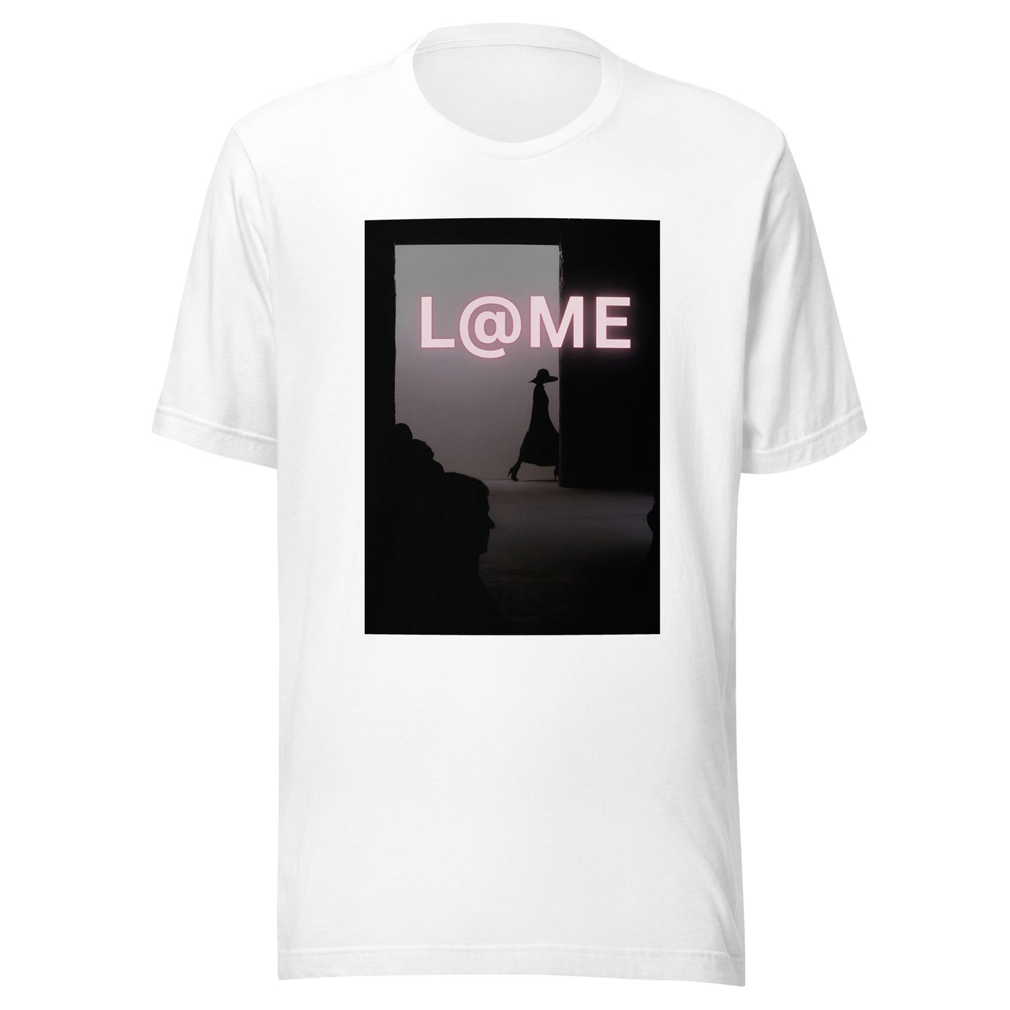 Blush-pink unisex tee with shadowed doorway graphic and bold L@ME logo on front