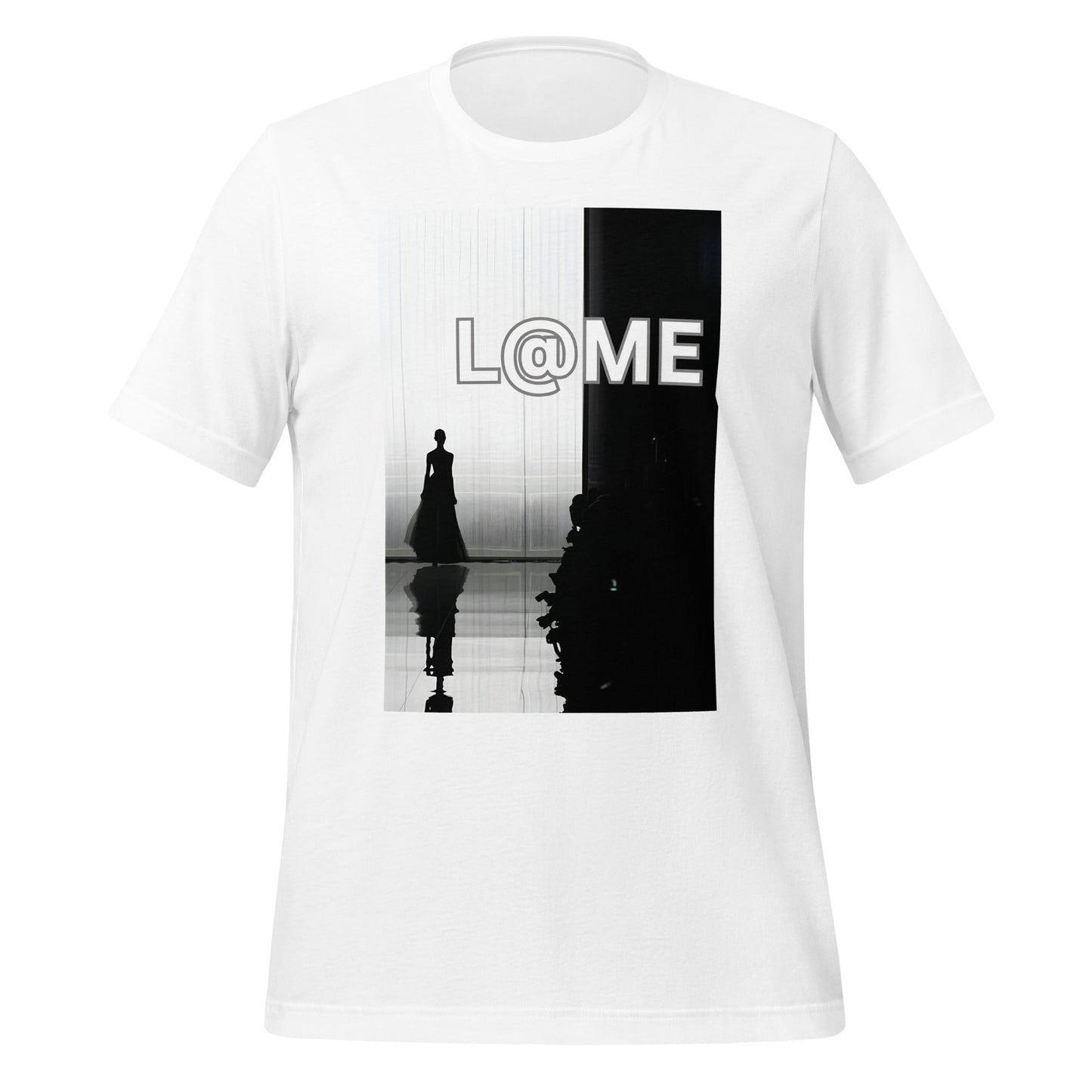 Unisex T-shirt with a monochrome high-fashion runway silhouette on soft cotton fabric