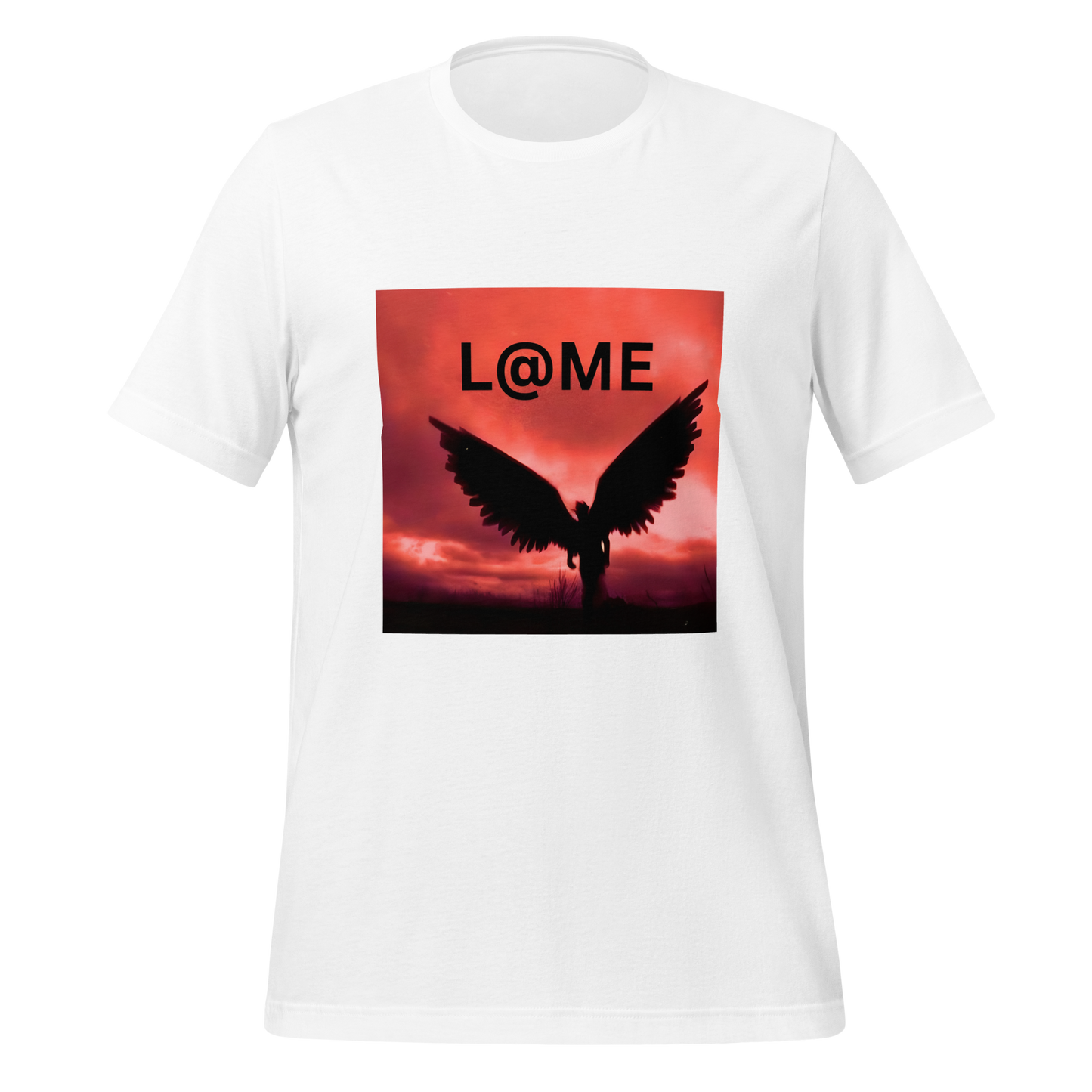 Unisex t-shirt featuring a fiery dusk sky and angel wings behind the L@ME logo.