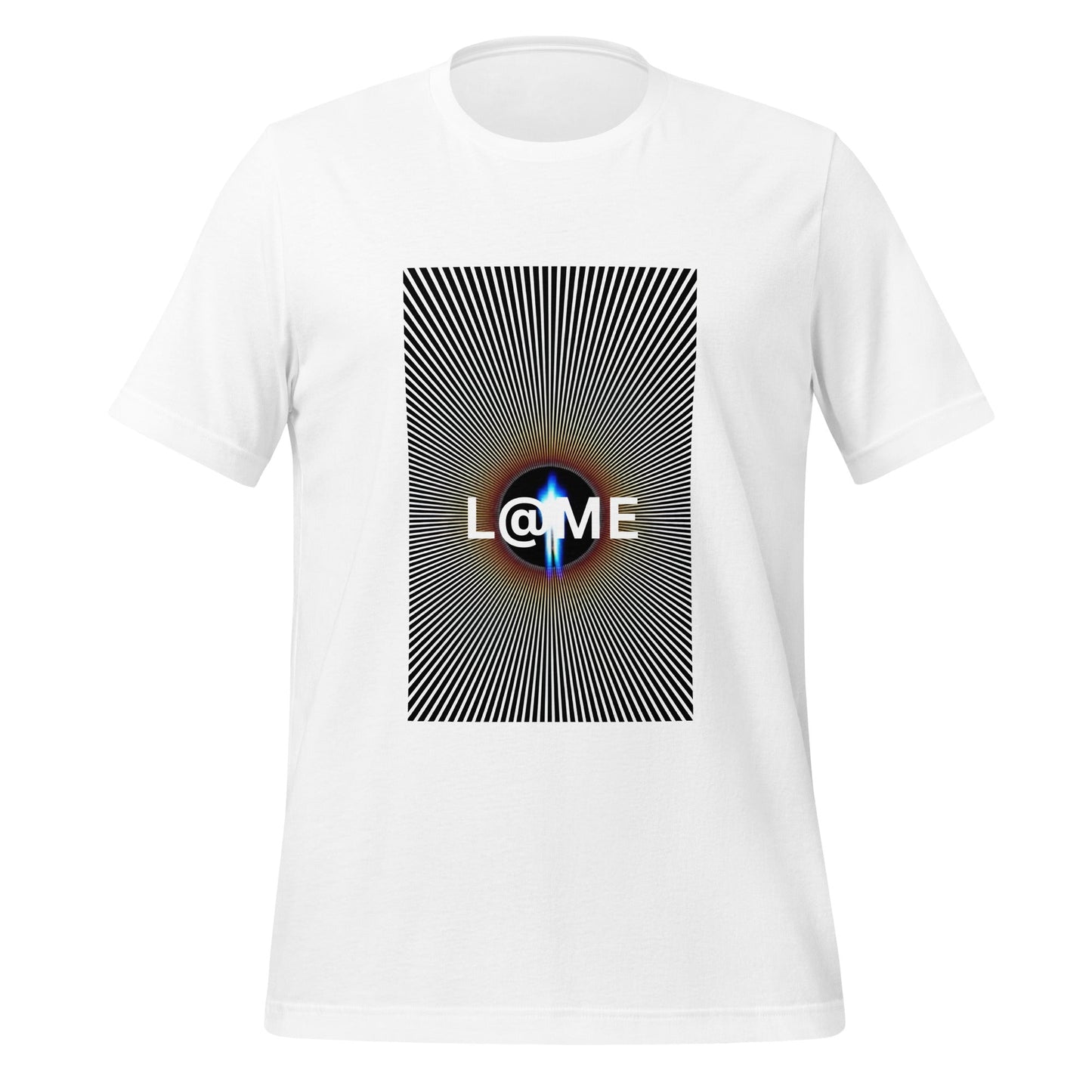 Black and white t-shirt with hypnotic vortex graphic and radiant burst center design