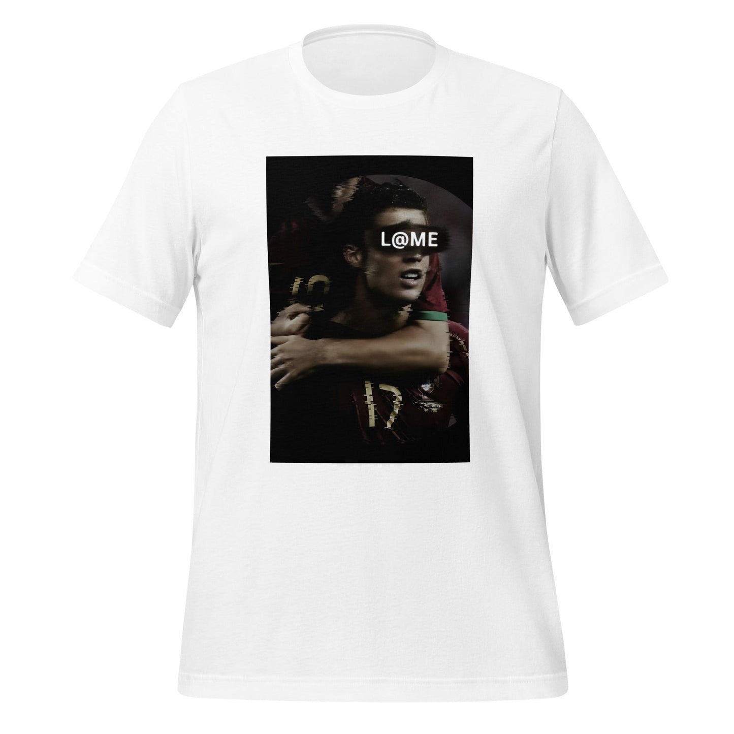 Black and red graphic t-shirt with a portrait and L@ME logo across the eyes.