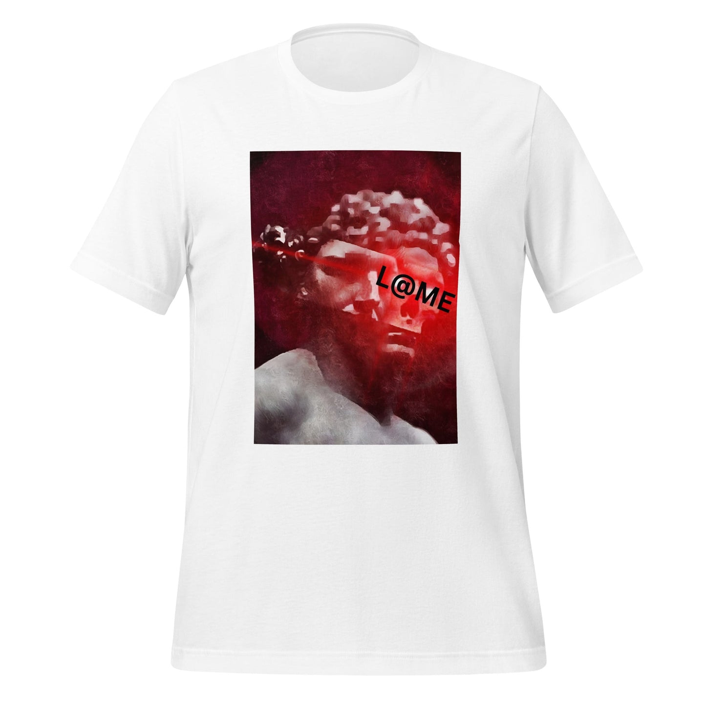 Red cotton t-shirt featuring a grayscale statue graphic and L@ME branding.
