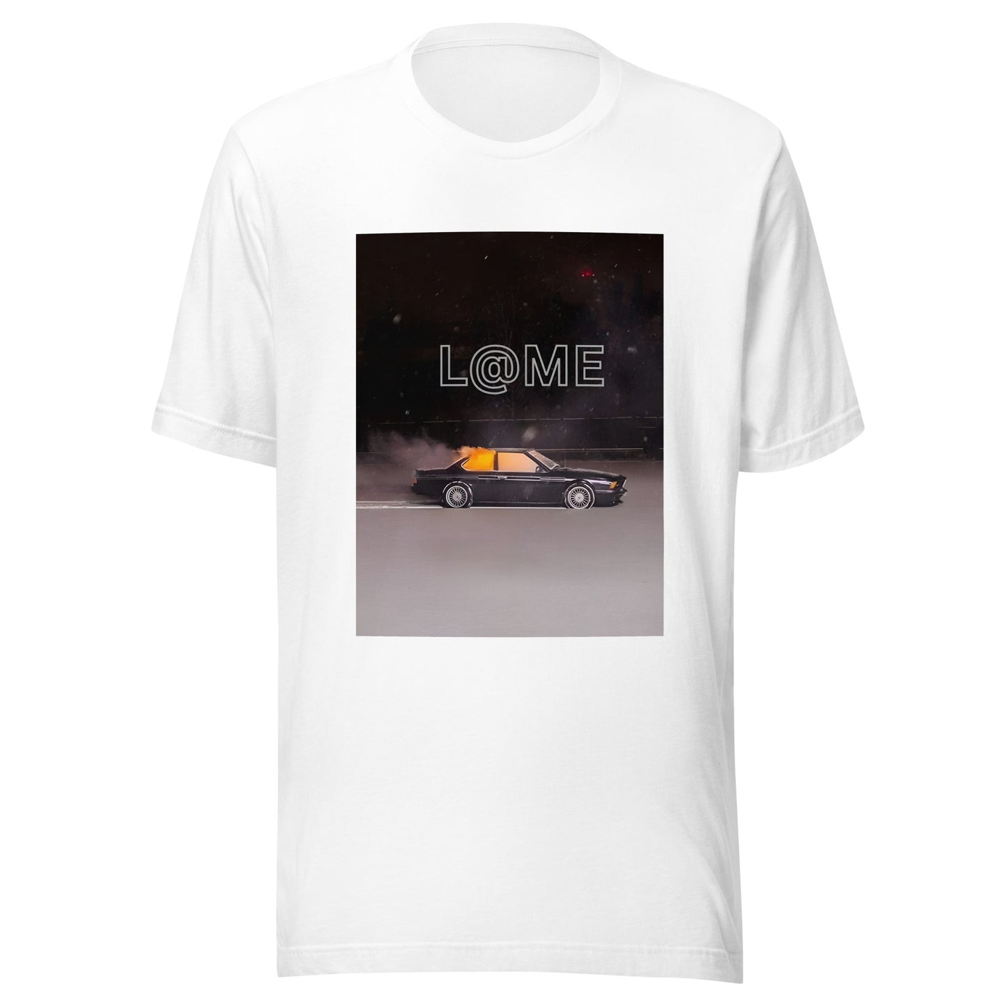Black t-shirt with a retro car and neon-lit sky graphic and L@ME logo on the chest