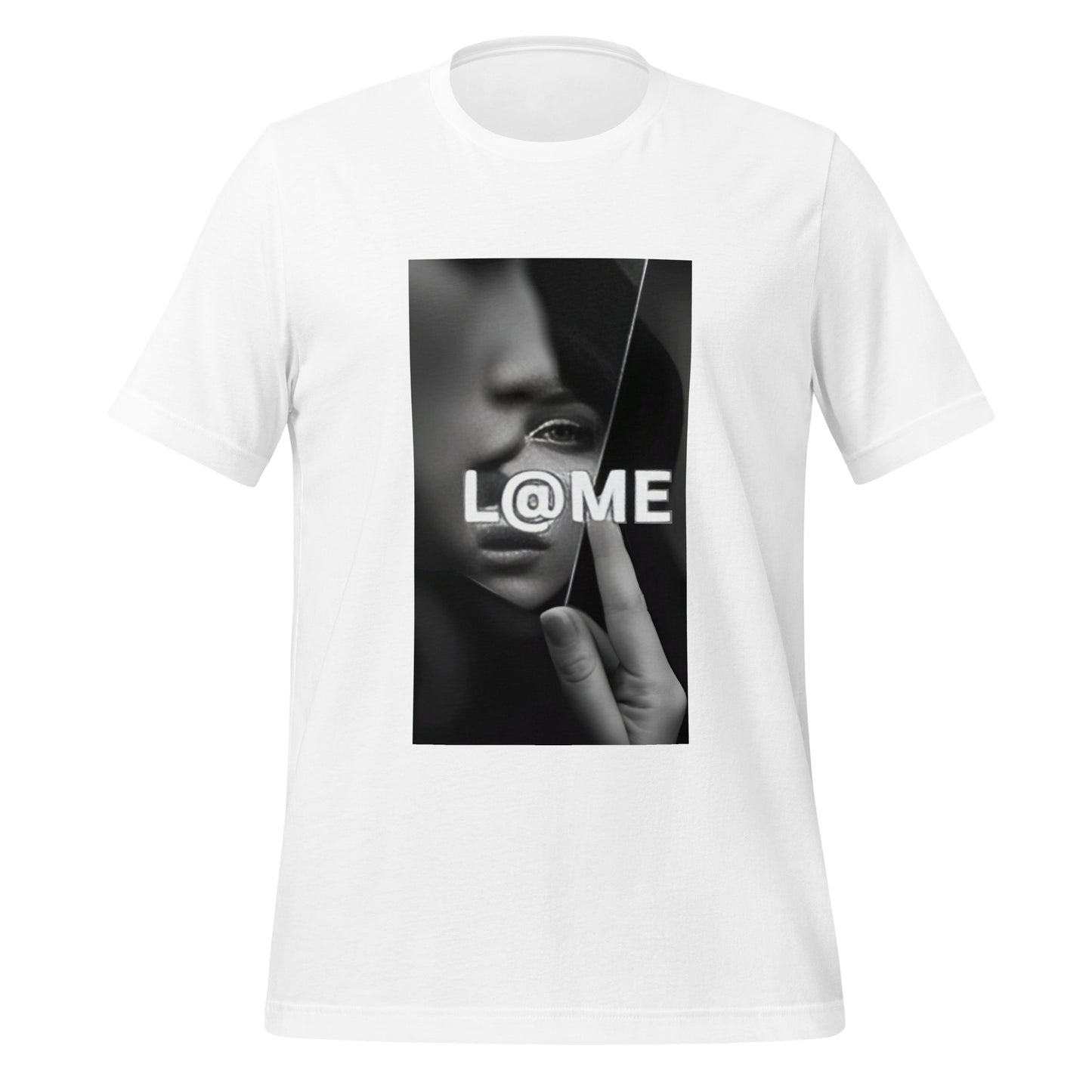 Monochrome graphic t-shirt featuring a shattered portrait and bold L@ME logo.