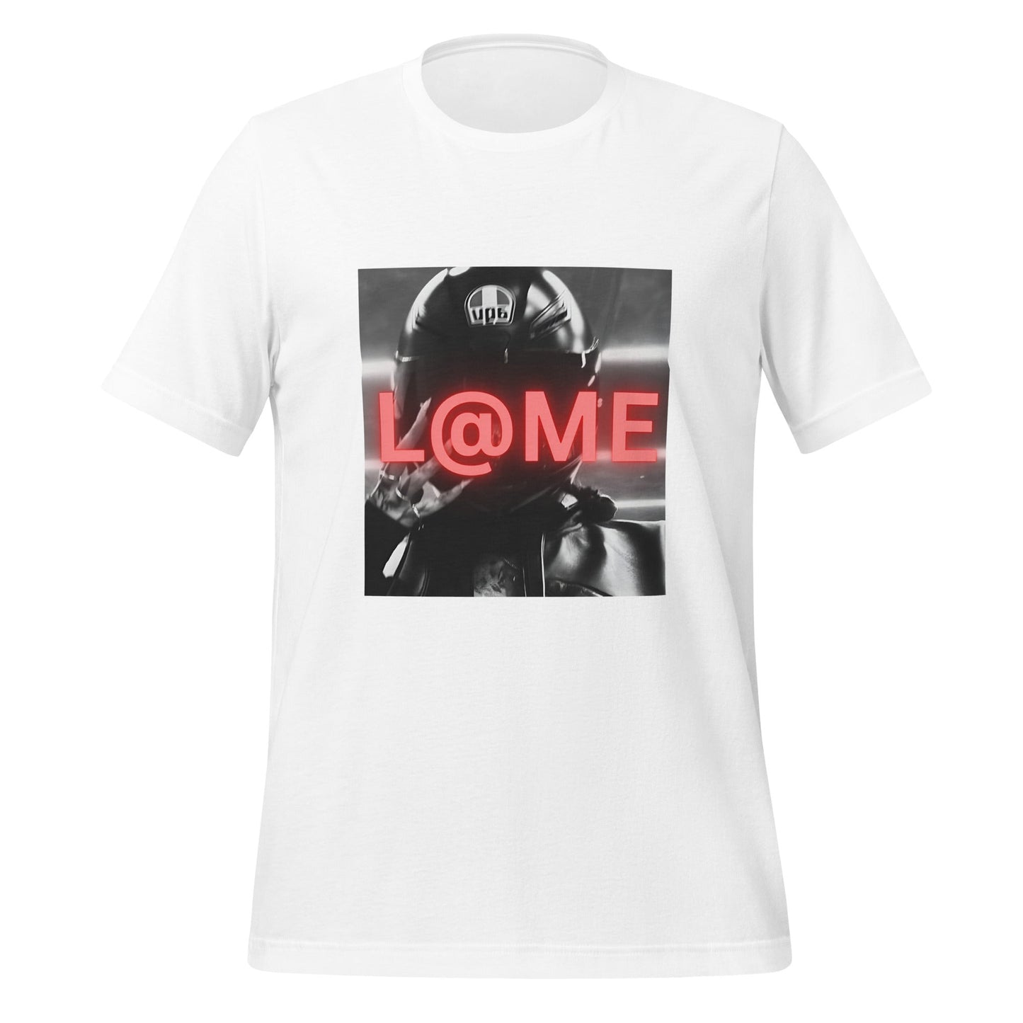 Neon Rider graphic T-shirt featuring a helmeted figure and glowing red typography.
