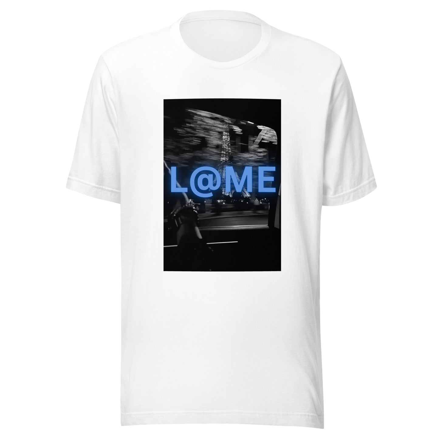 Blue T-shirt with neon electric blue logo and blurred city background design.