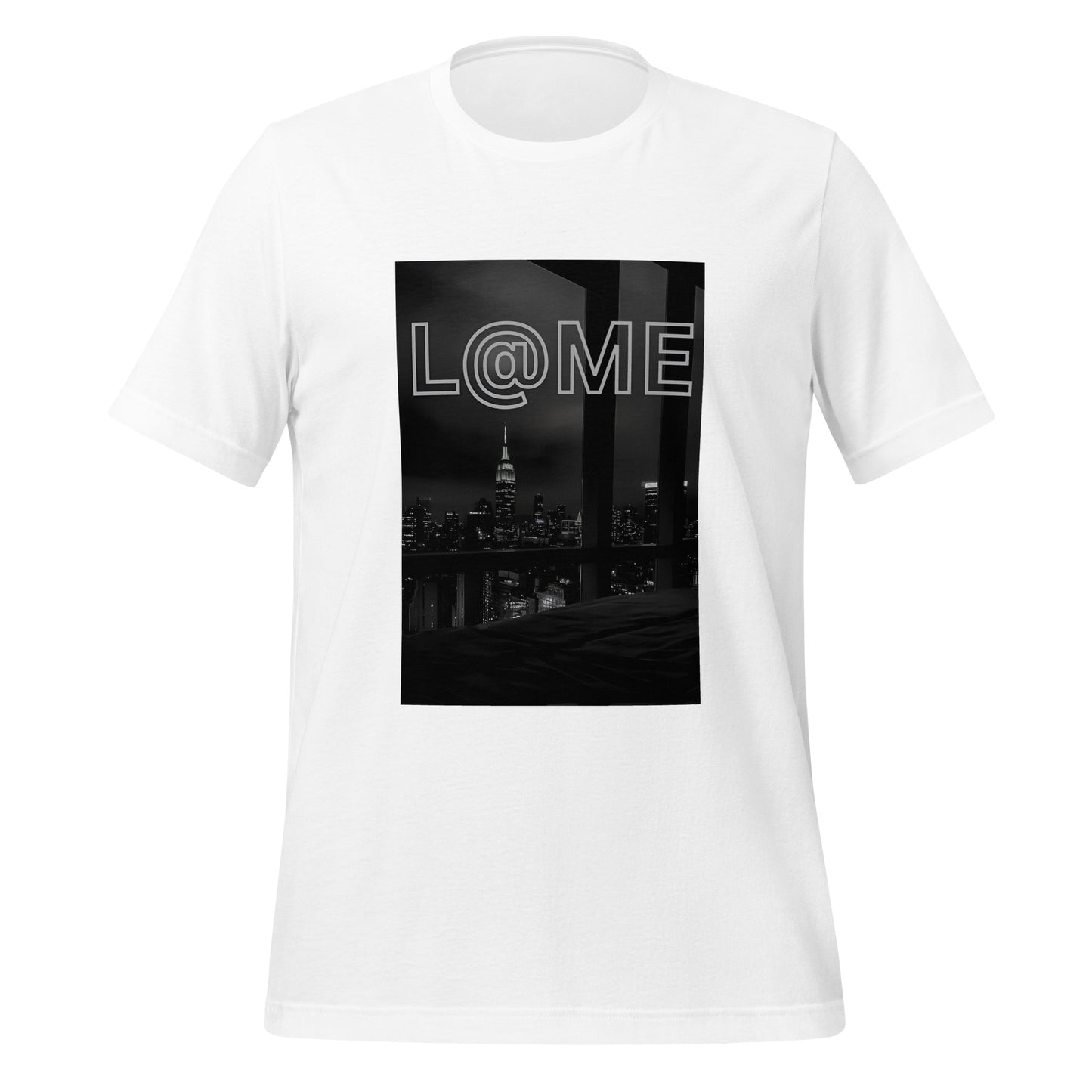 Black and white cityscape T-shirt with neon L@ME logo on premium cotton fabric