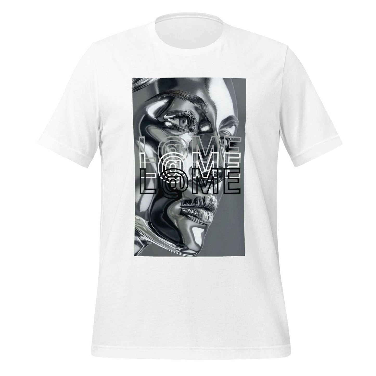 Futuristic chrome face graphic t-shirt with the L@ME logo on a cotton fabric.