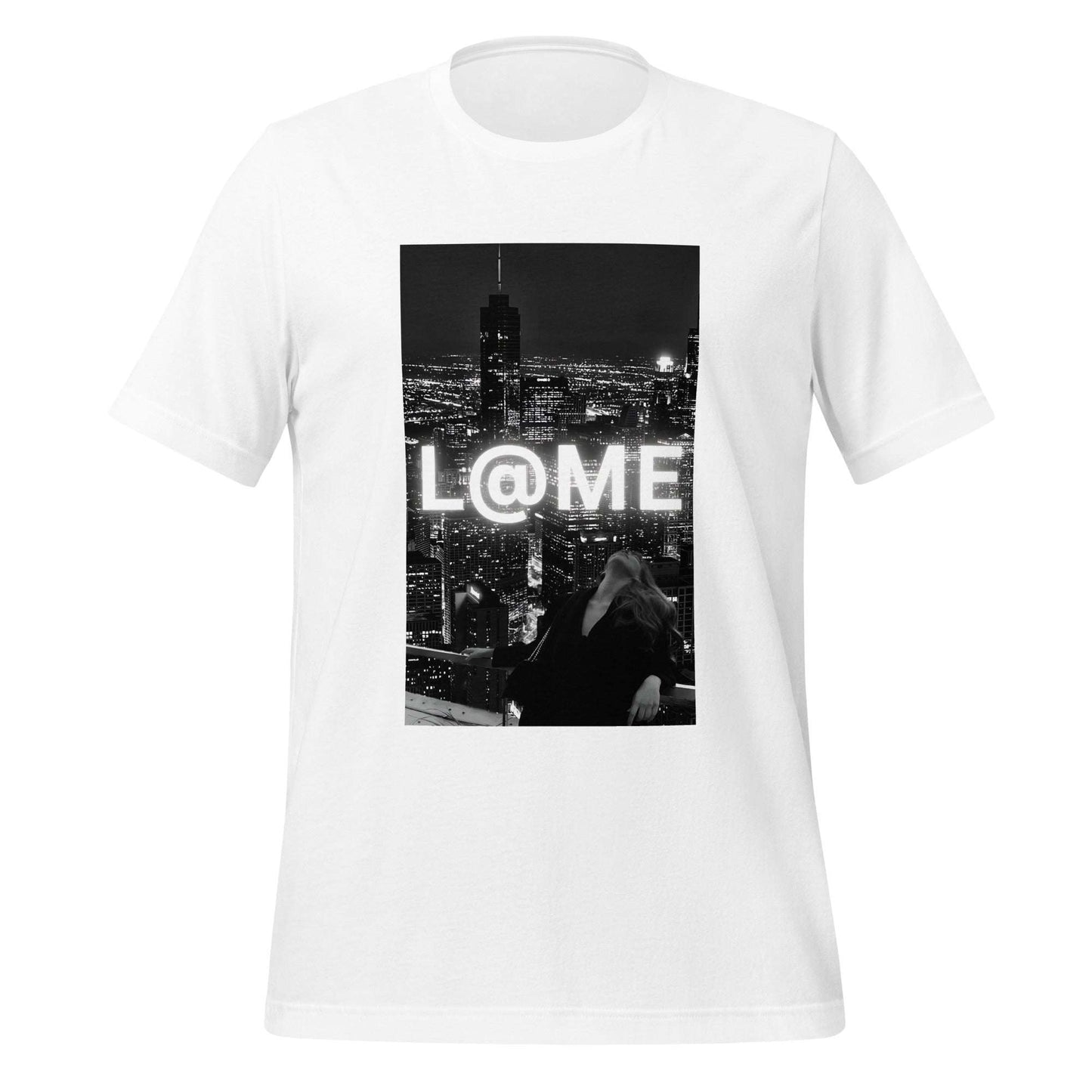 A black t-shirt featuring a glowing neon logo and a city skyline design.