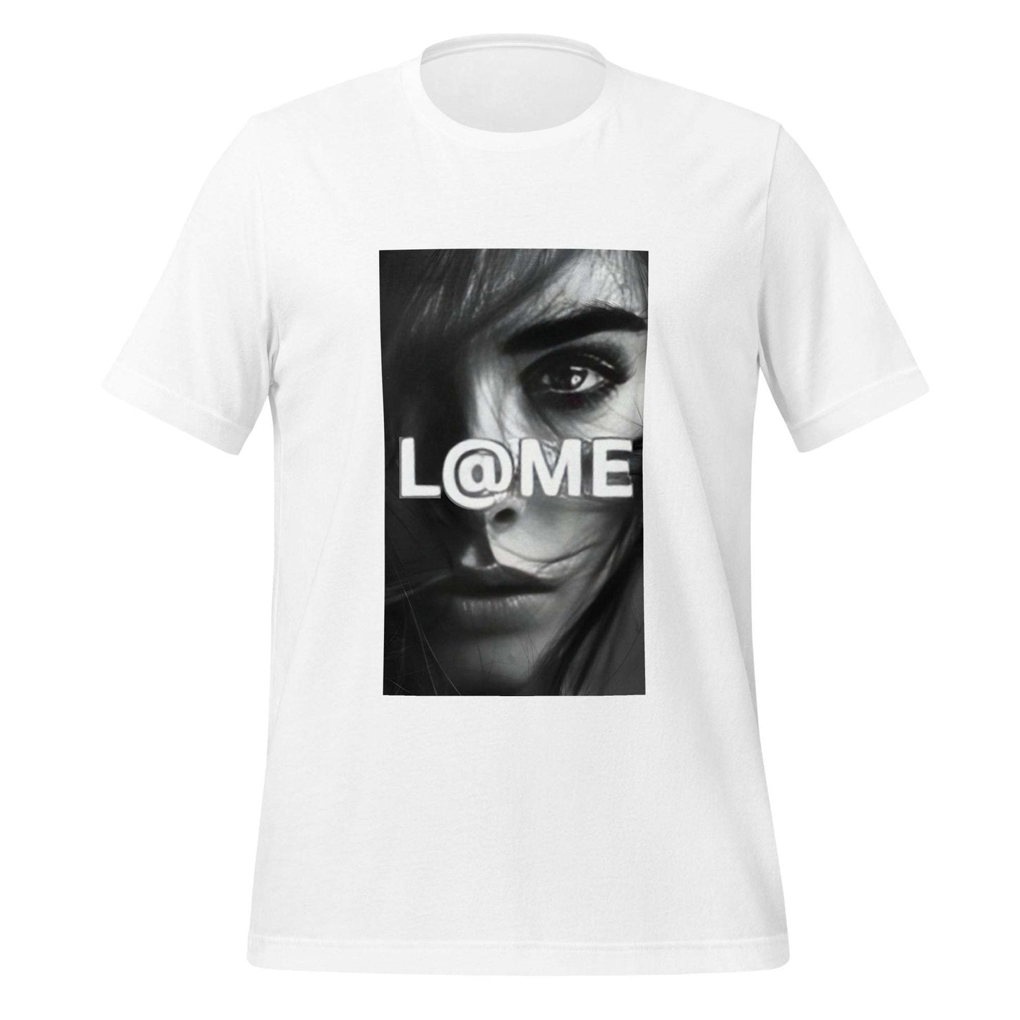 Black t-shirt with a grayscale face portrait and L@ME logo on the front.